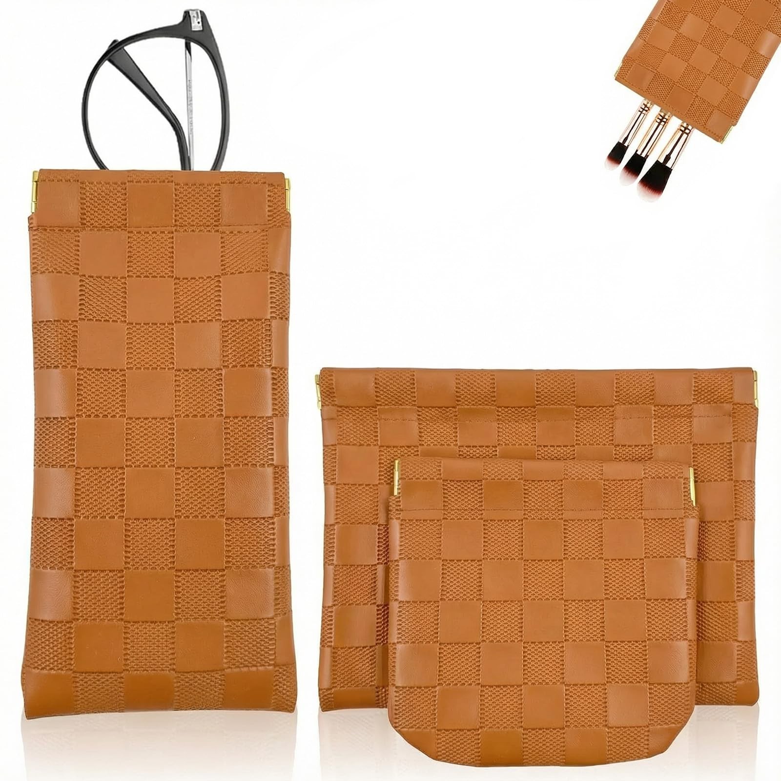 3Pcs Small Makeup Bag for Purse, Waterproof Three different sizes, Brown