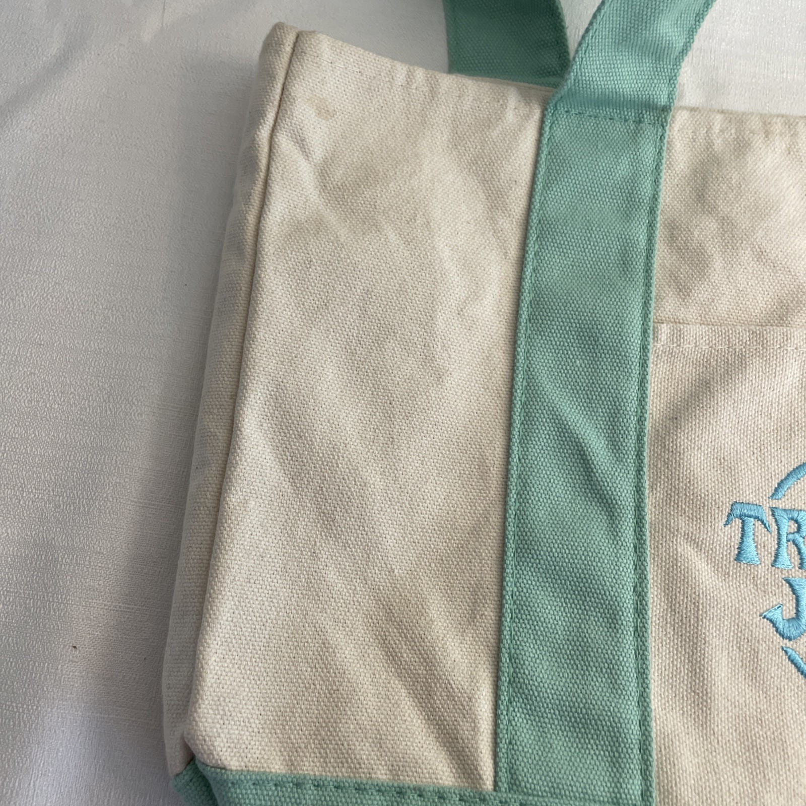 Trader Joe’s Mini Canvas Tote bag pastel green with blue embroidered logo