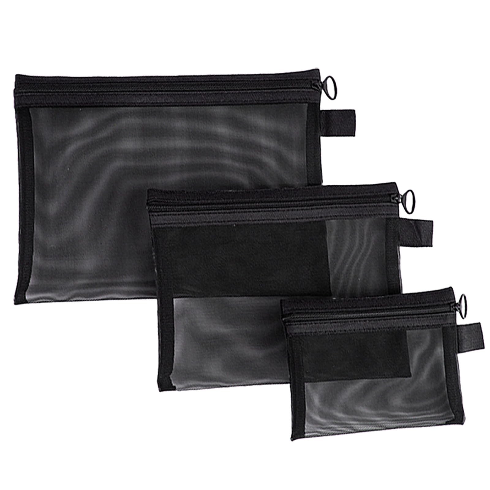 3 Pcs Mesh Zipper Pouch Makeup Bags Set, Portable Cosmetic Bag Black