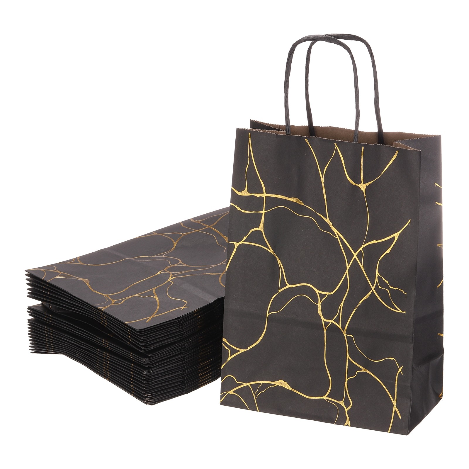 50Pcs Kraft Gift Bags with Handles Bulk, Black Marble Party Favor Bags