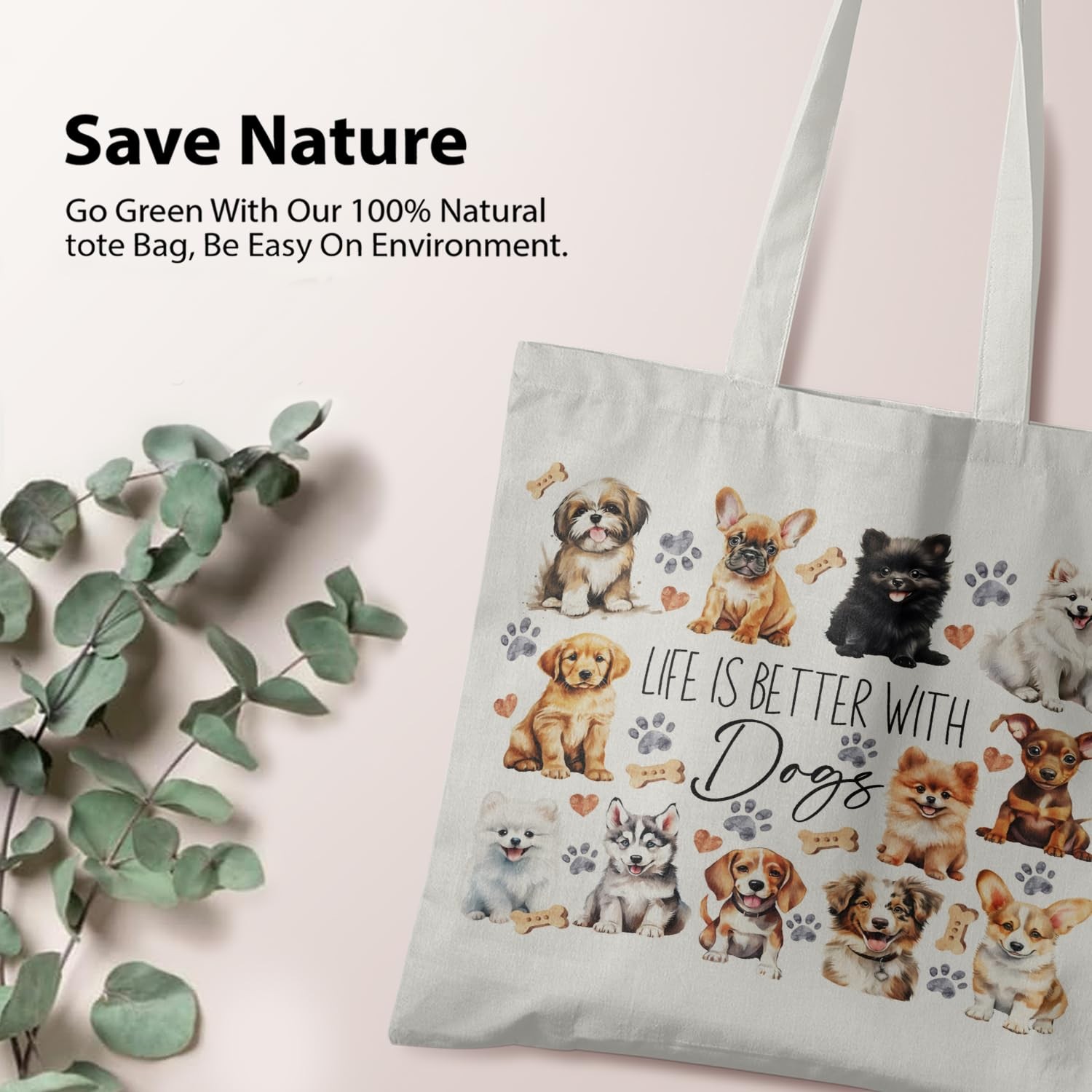 Pet Dogs Canvas Tote Bag – Life Is Better With Dogs – Shoulder Bag for Shoppi…