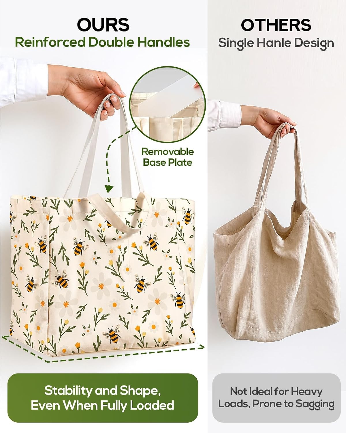 Extra Large Canvas Grocery Tote Bag Reusable Washable Shopping Shoulder Bag