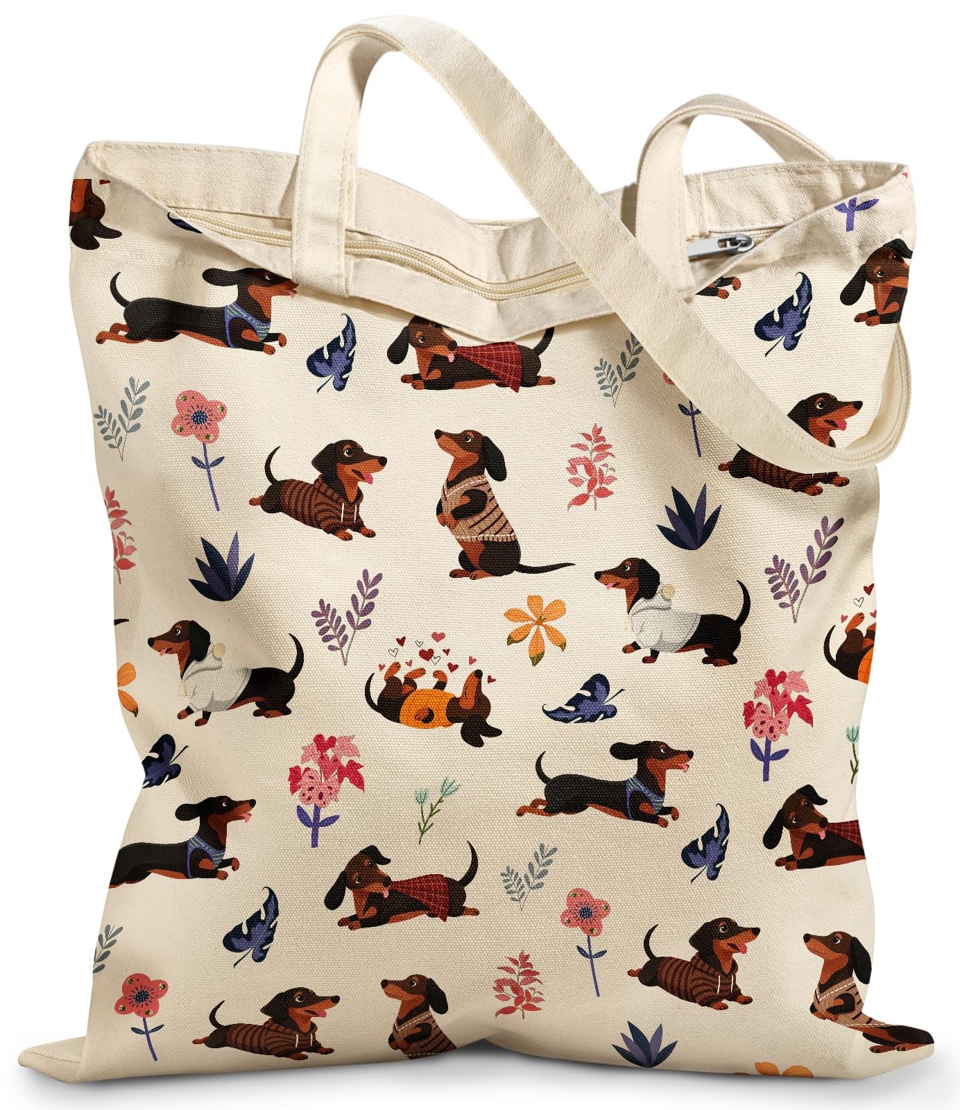 Canvas Tote Bag with Zipper for Women, Colorful Dachshund
