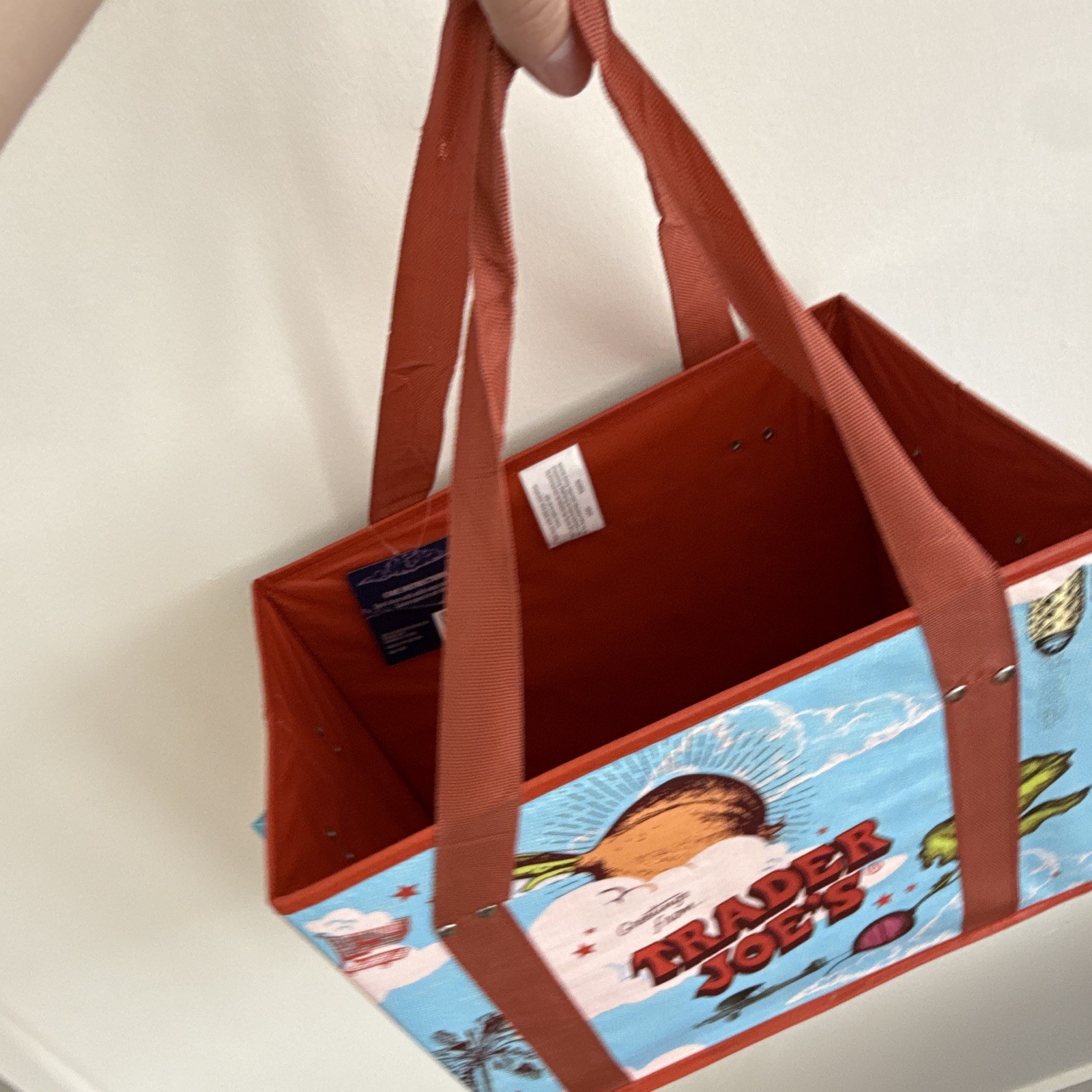 Trader Joe’s Reusable Tote Bag All-Over Print Blue/Orange/Red/Purple 15x10x11