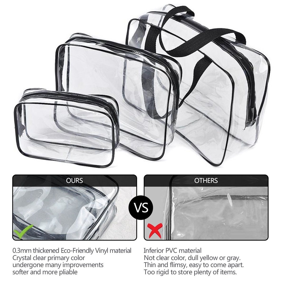 3Pcs Crystal Clear PVC Travel 3 Piece Set, 1 Large, 1 Medium, 1 Small-Black
