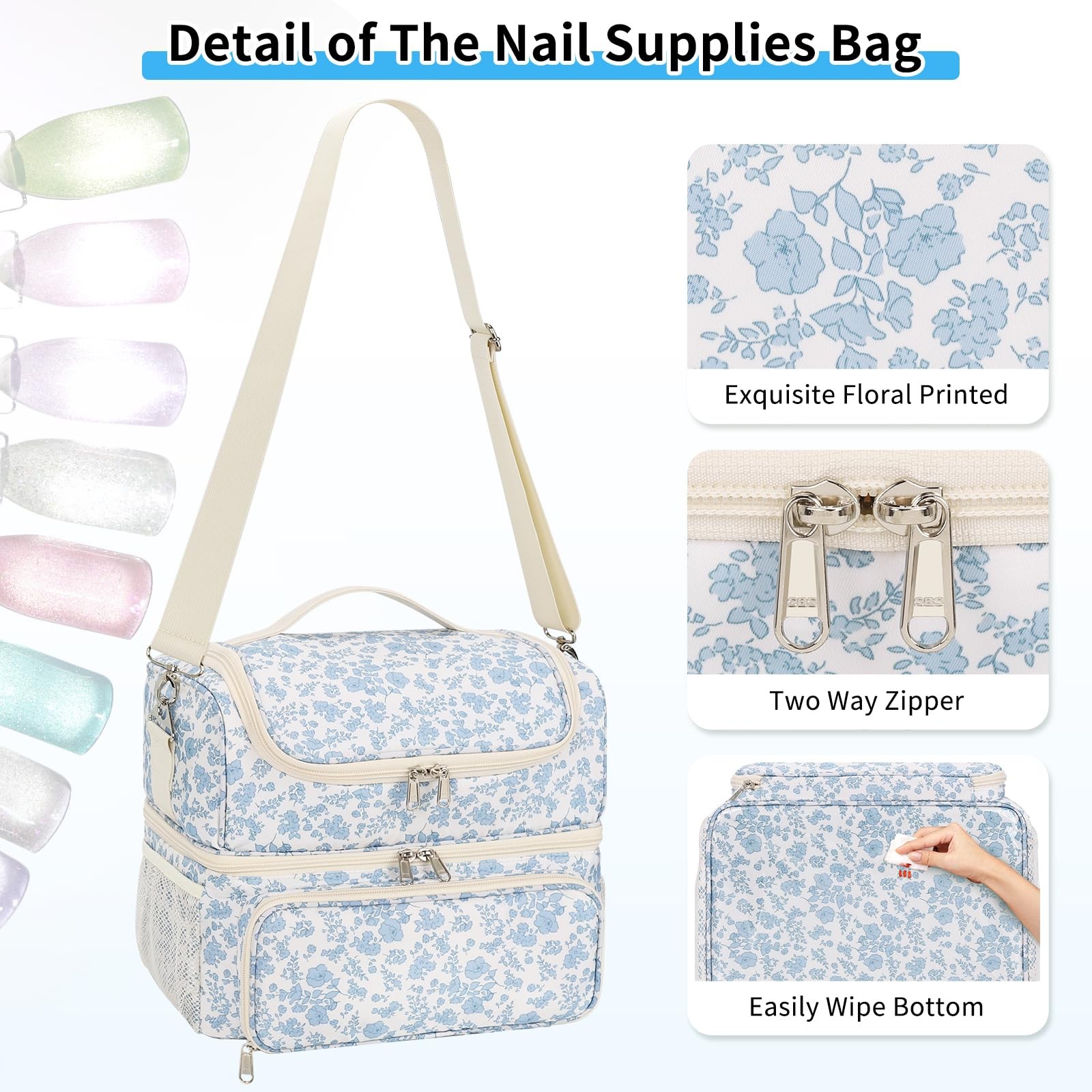 CUBETASTIC Nail Polish Organizer & Storage Bag for 48 48 Slots, Blue Floral
