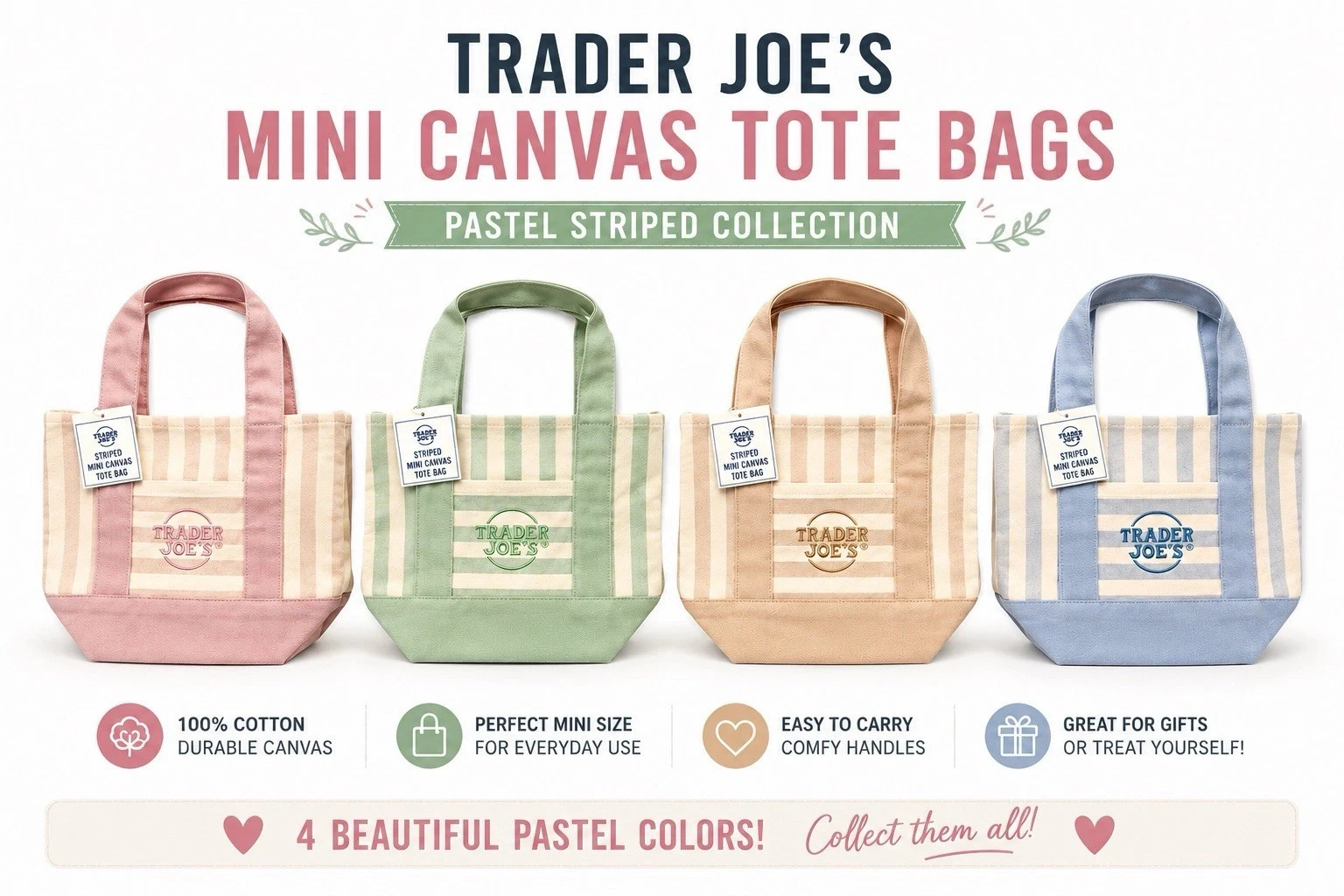 Trader Joe’s Mini Canvas Tote Bag Bundle Set of 4 Pastel Colors NWT Summer 2026