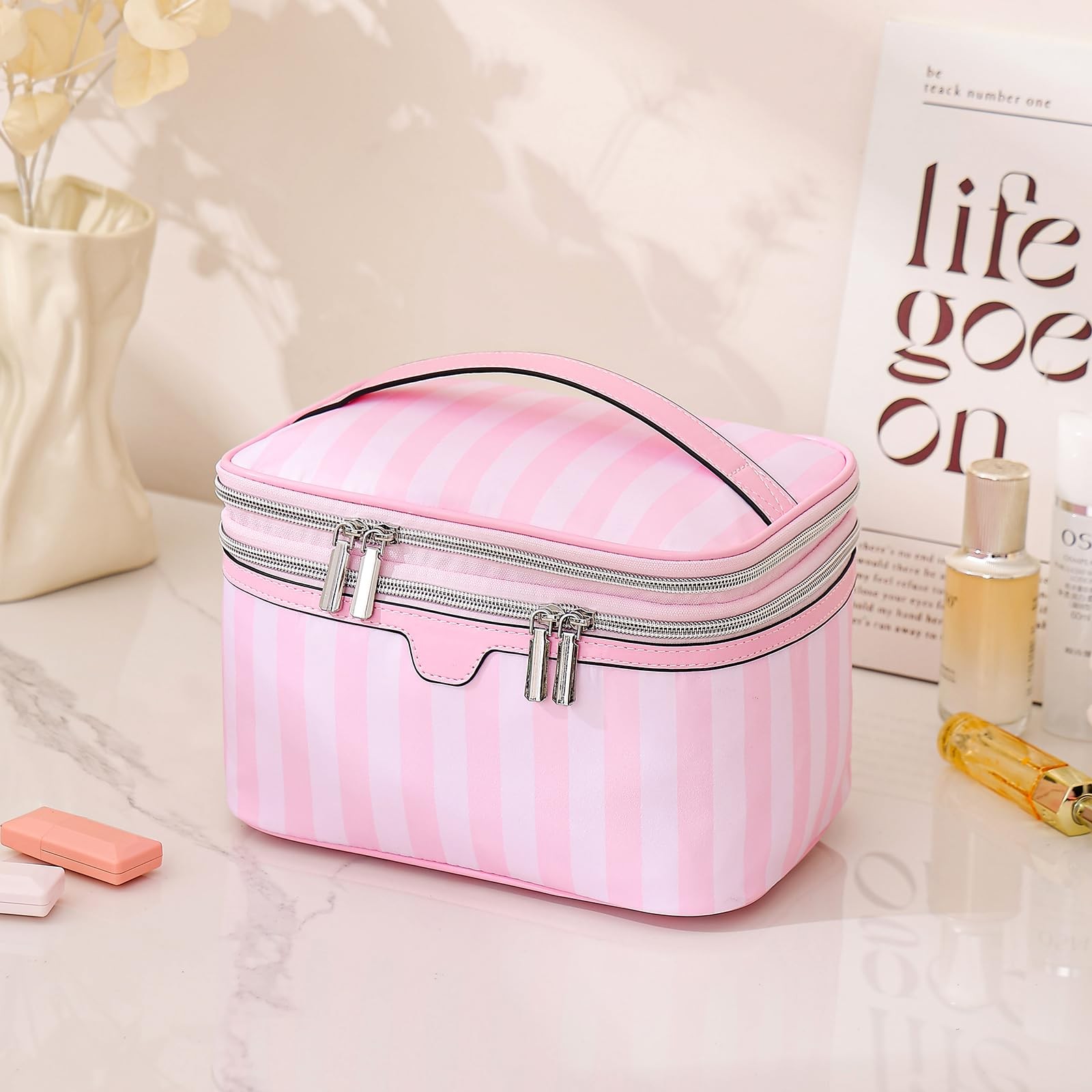 RSRSLEII Large Waterproof Double Layer Travel Makeup Bag, 01Top Open