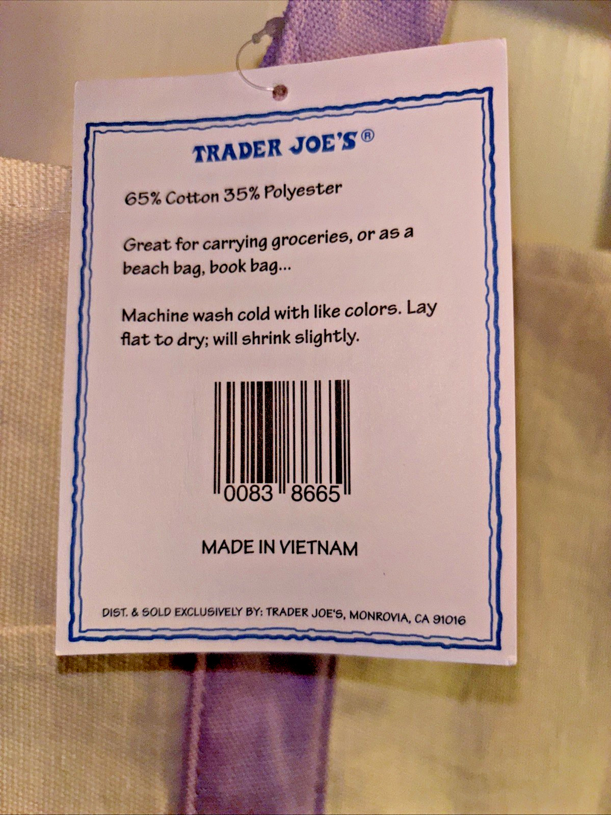 Trader Joe’s Tote Bag Canvas Large Lavender 2026 NWT
