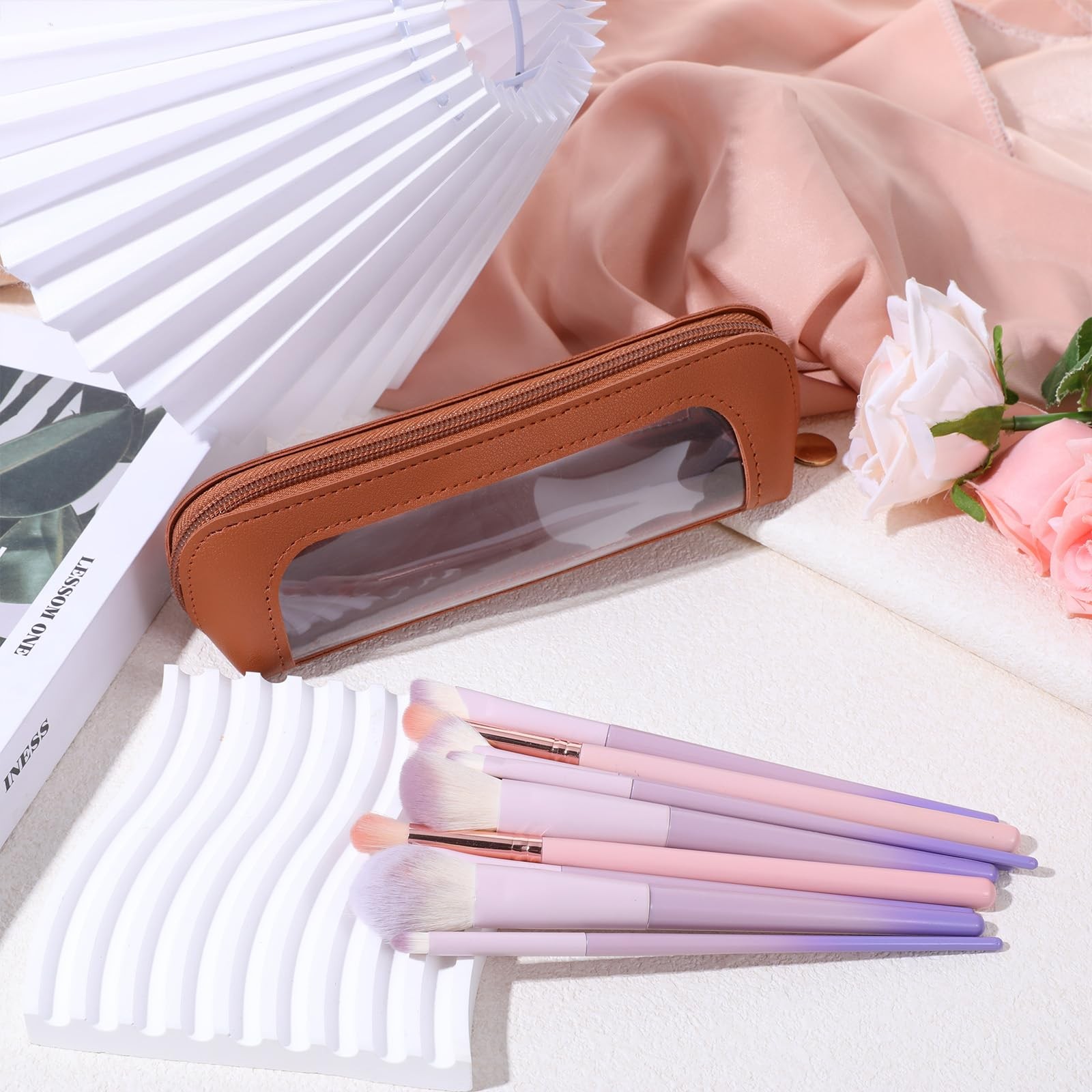 Small Clear Makeup Pouch, PU Leather Brush Bag Portable Travel Brown