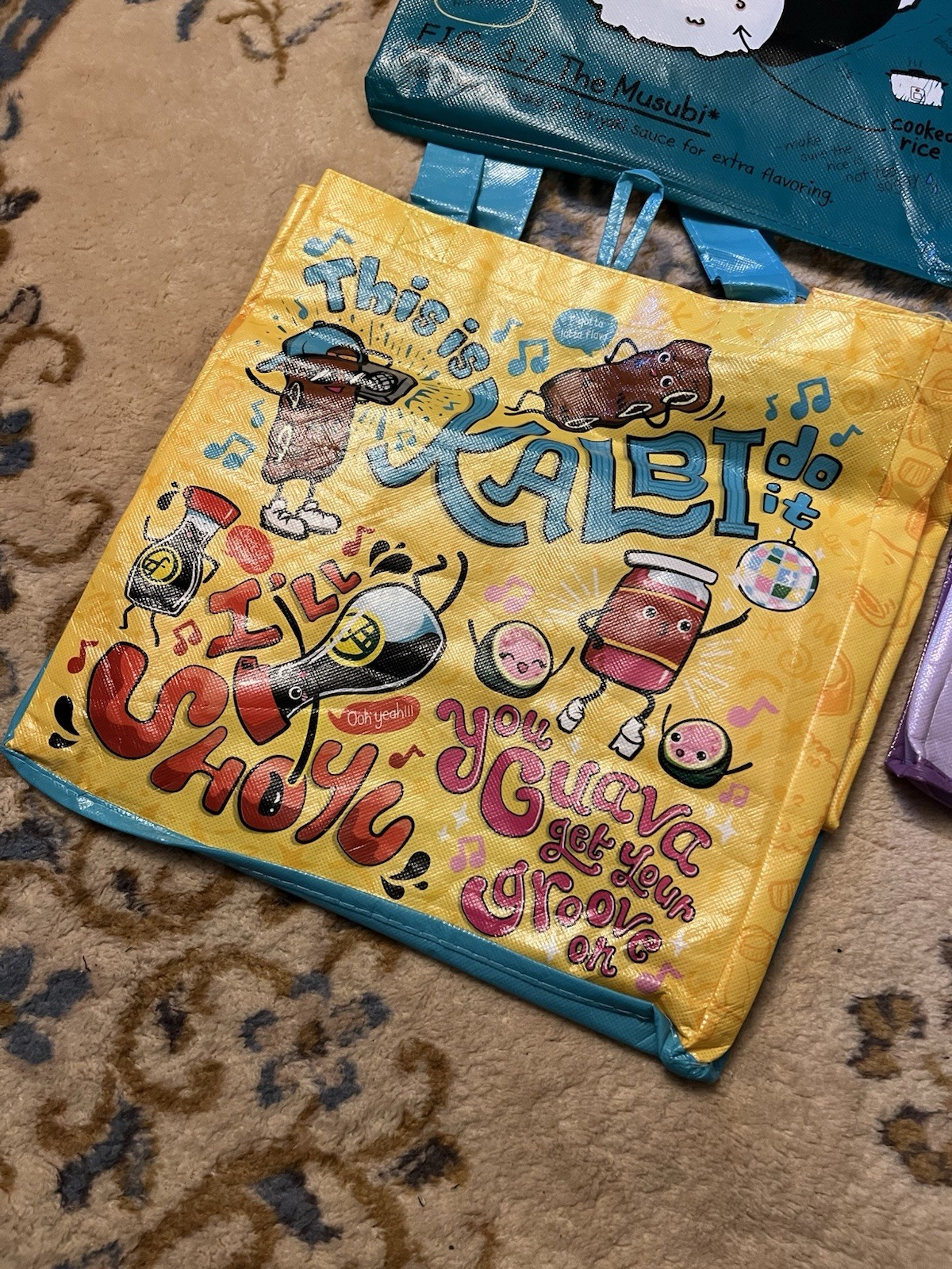 Foodland Hawaii Set Of 3 Reusable Tote Bags ~ Spam Musubi Pho Noodles Pun Poke