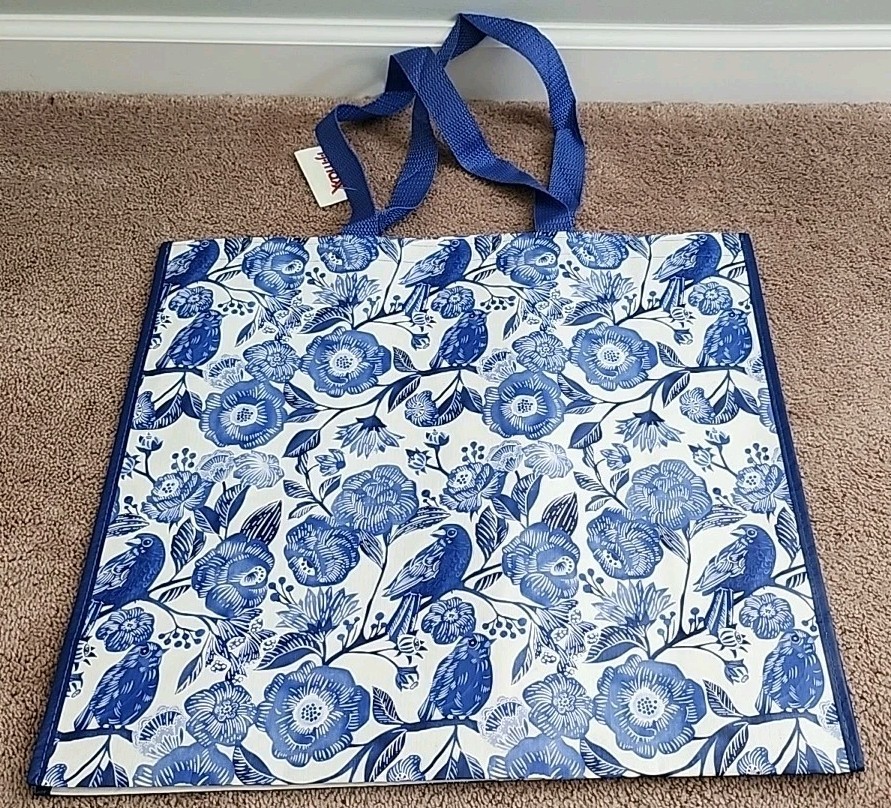 TJ MAXX – Beautiful Dark Blue Flowers & Birds – Large Reusable Shopping Tote Bag