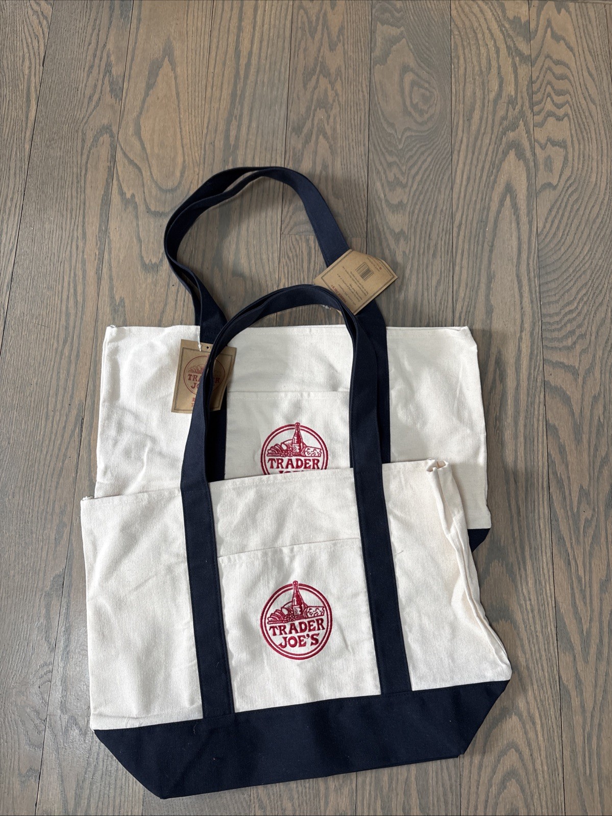 (Lot of 2) Trader Joe’s Large Canvas Tote Reusable Bag 20x14x6″ Navy Blue/White