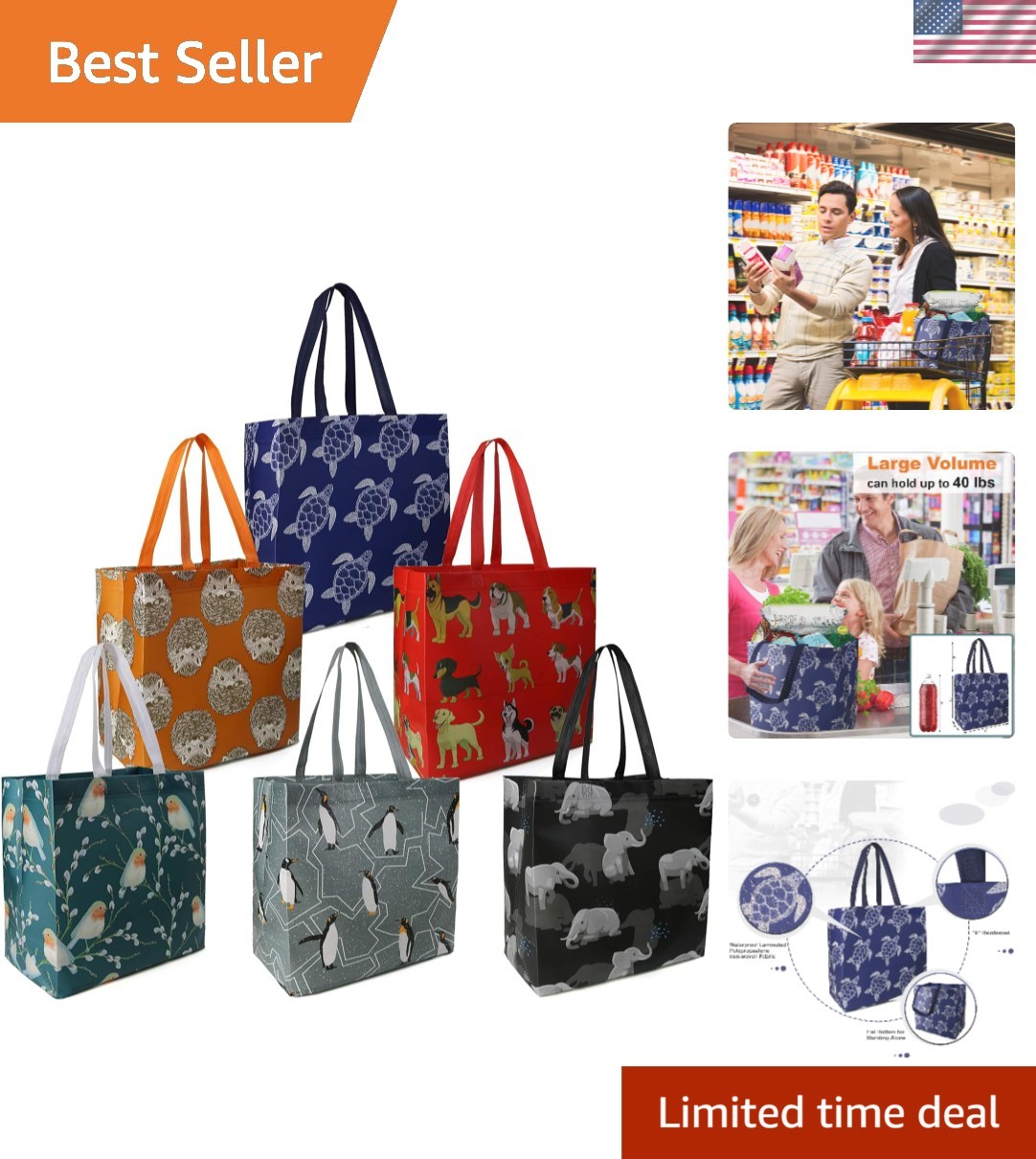Portable Foldable Animal Print Shopping Bags – Set of 6, Perfect for Groceries