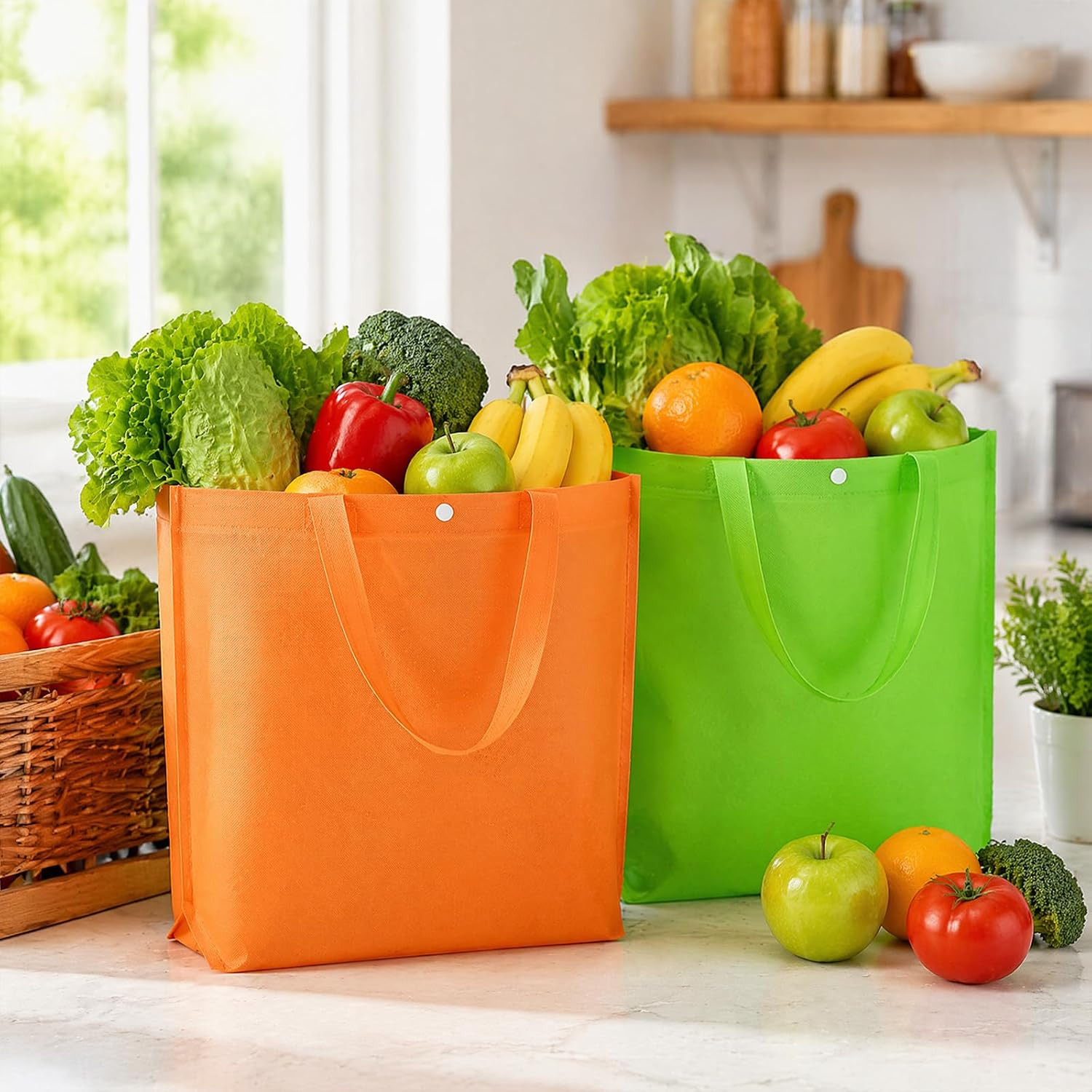 100 Pcs Reusable Grocery Bags with Handles, Multicolor Non Woven Shopping Tote B
