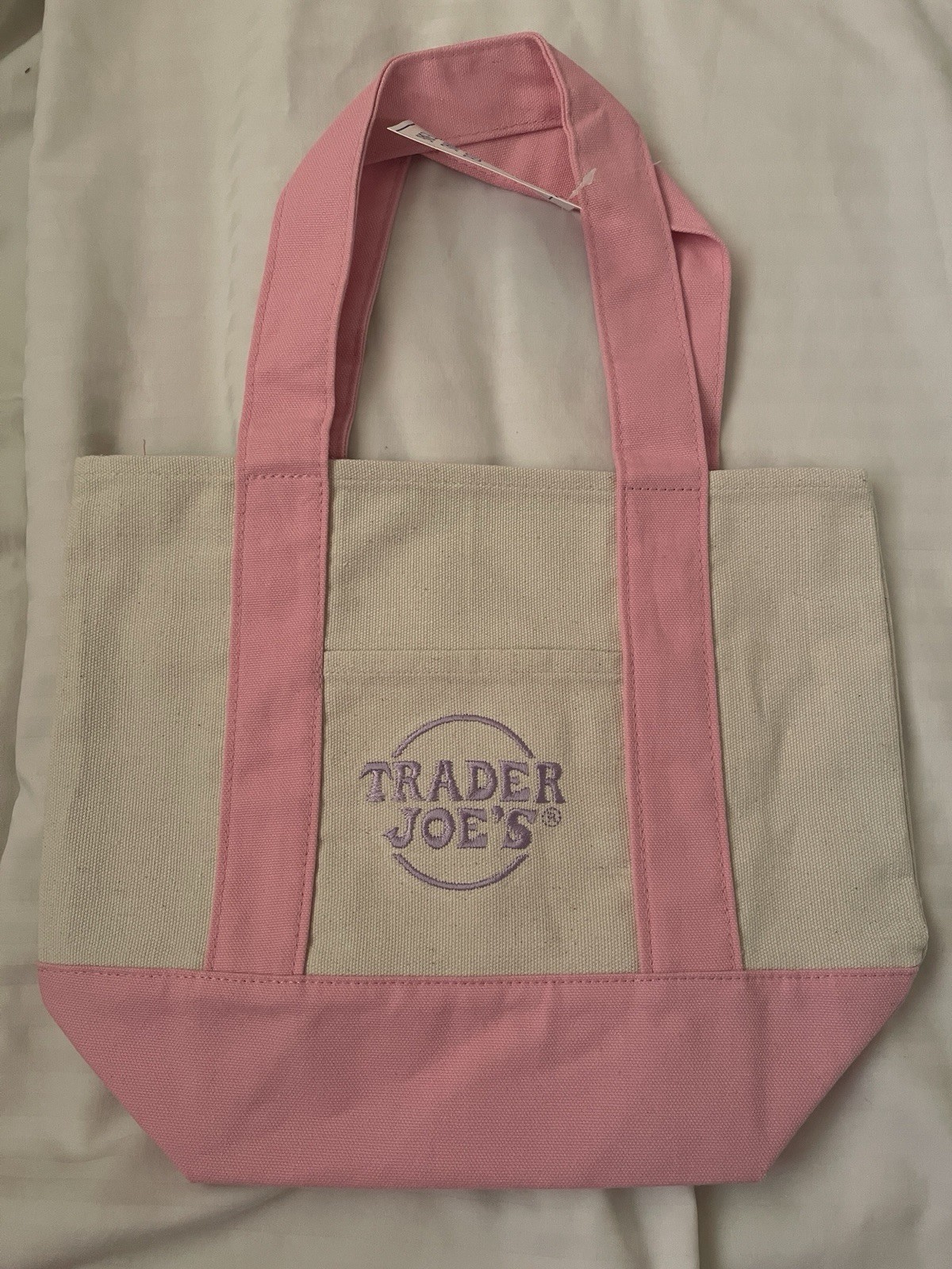Trader Joe’s Foldable Canvas Tote Bag Pink Beige Reusable Shopping Solid Plain