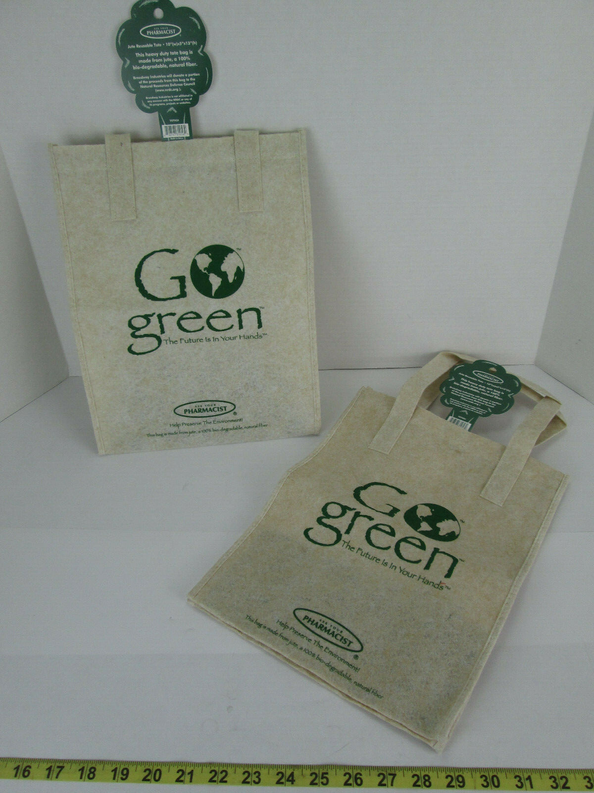 Lot of 2 New Go Green Jute Reusable Tote Bag 10″ x 5″ x 13″ Bio-degradable Fiber