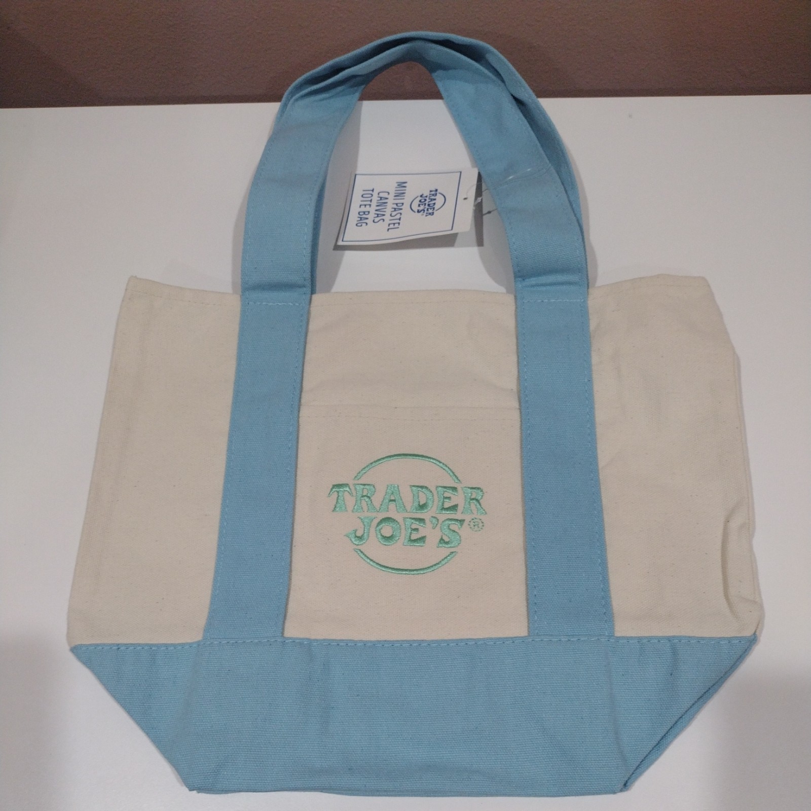 Trader Joe’s Canvas Tote Bag Small Foldable Purple Beige Color Block