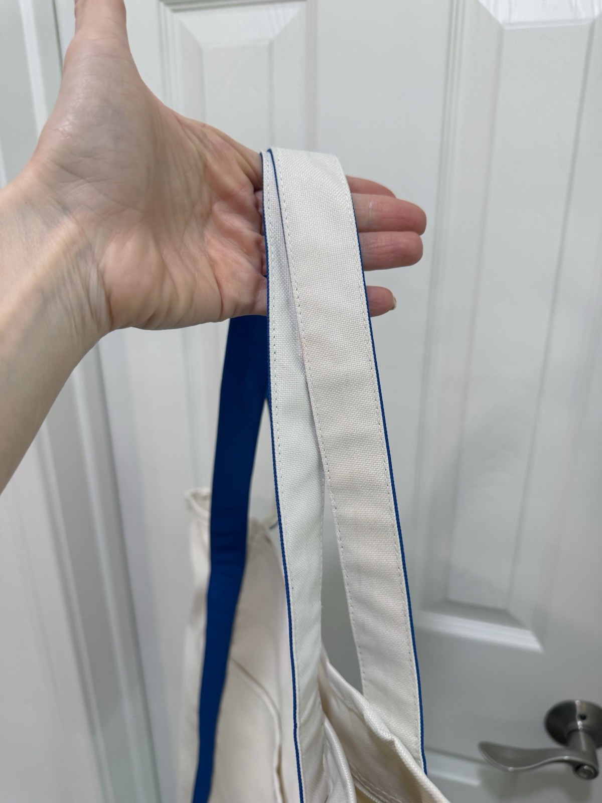 Costco Large Blue and White Zipper Cotton Canvas Shopping Tote Bag Reusable 15”