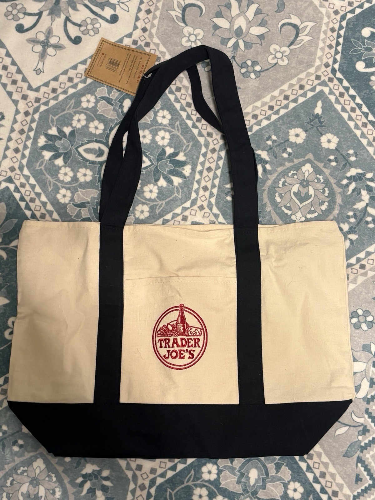 Trader Joe’s Foldable Reusable Shopping Bag Cotton Polyester Beige Black Solid