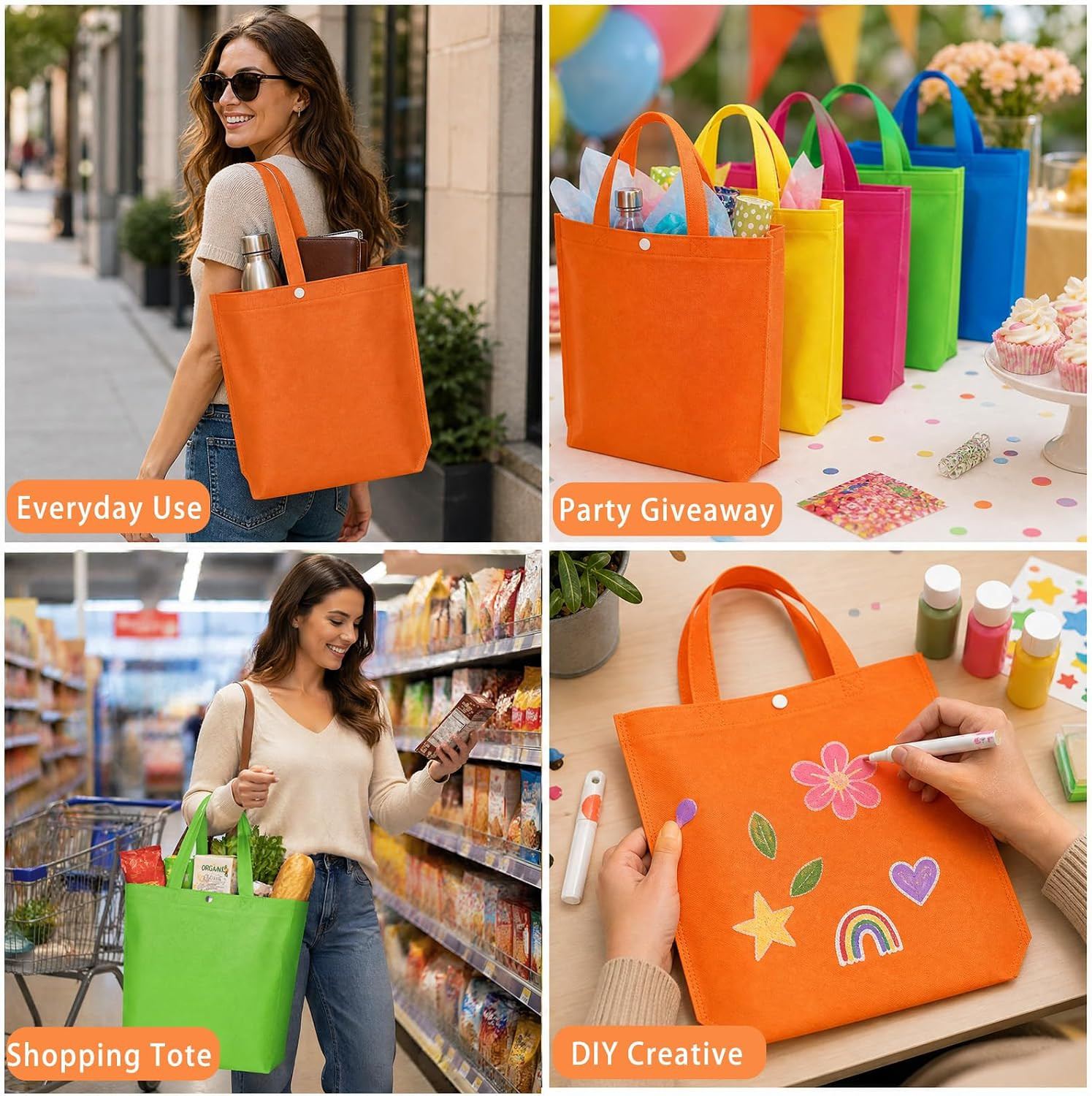 100 Pcs Reusable Grocery Bags with Handles, Multicolor Non Woven Shopping Tote B