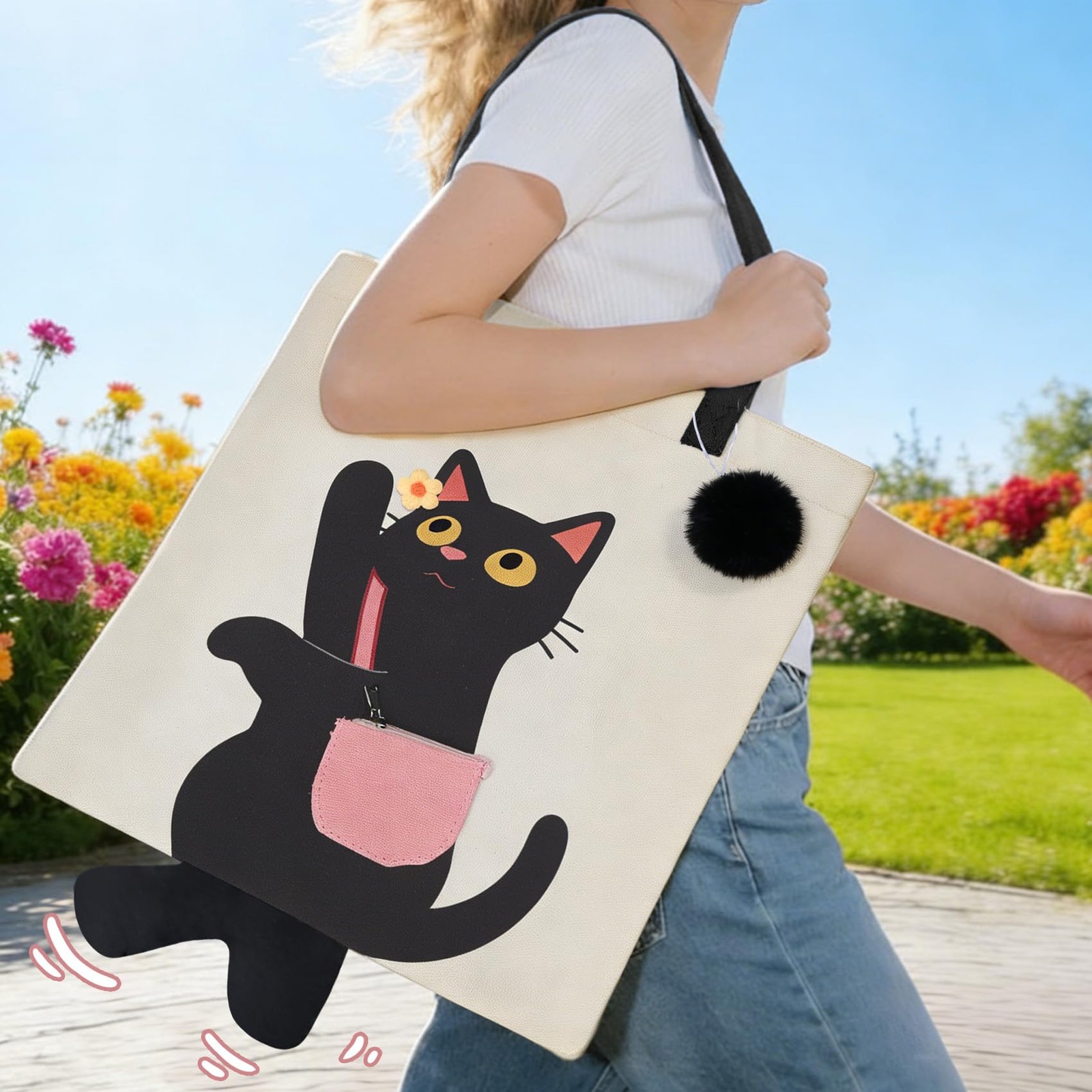 Black Cat Tote Bag with Cute Dangle Legs Canvas Aesthetic Shoulder Bag for Re…