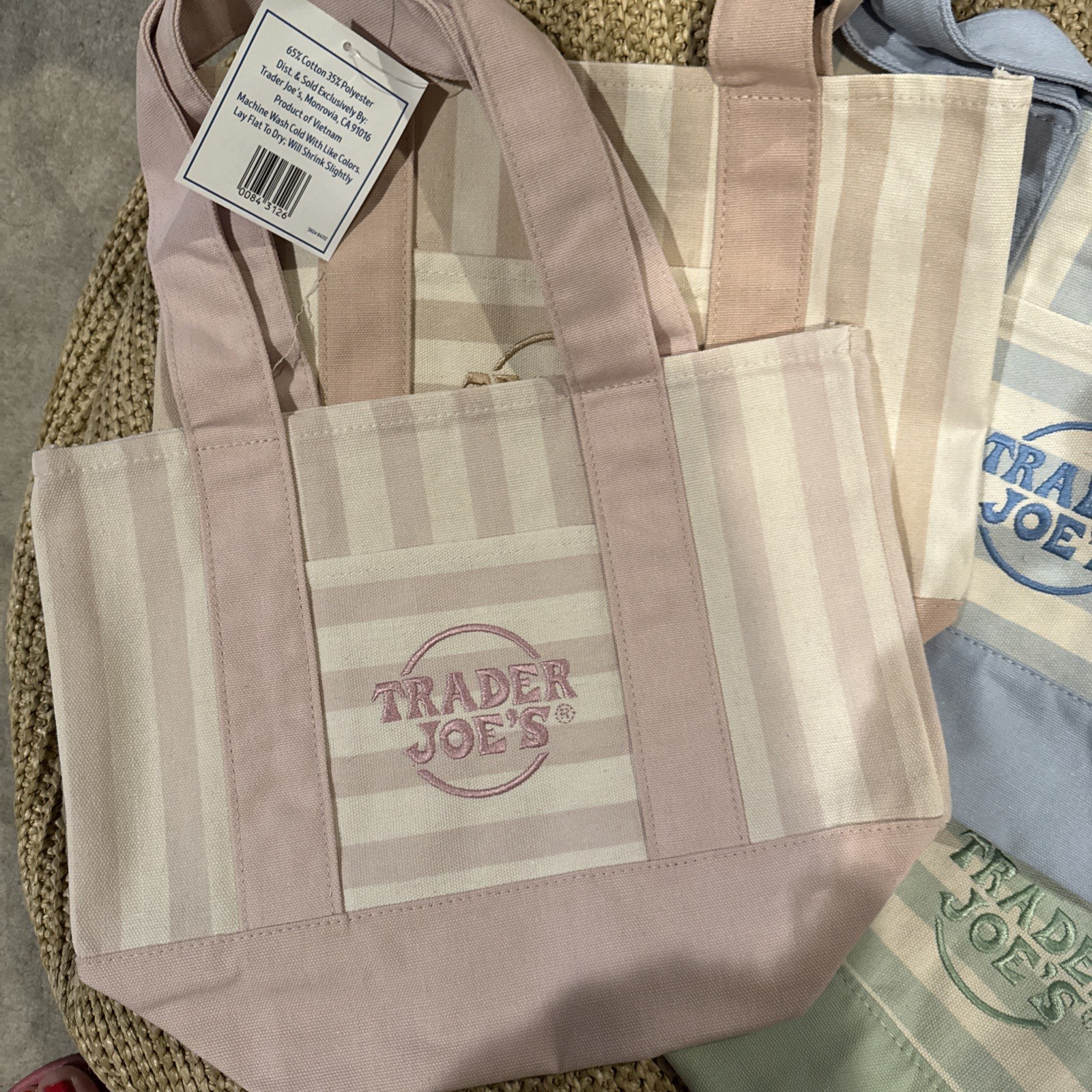 TRADER JOE’S MINI PASTEL STRIPE CANVAS TOTE BAGS SET Of 4 PINK BLUE GREEN BEIGE