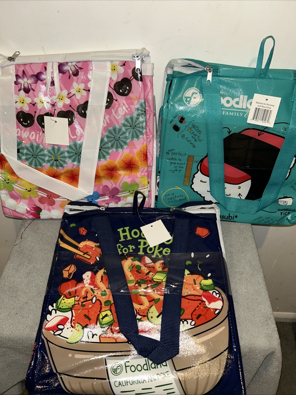 Foodland Hawaii Set Of 3 Insulated Reusable Bags ~ Spam Musubi/Leis/Poke bowl
