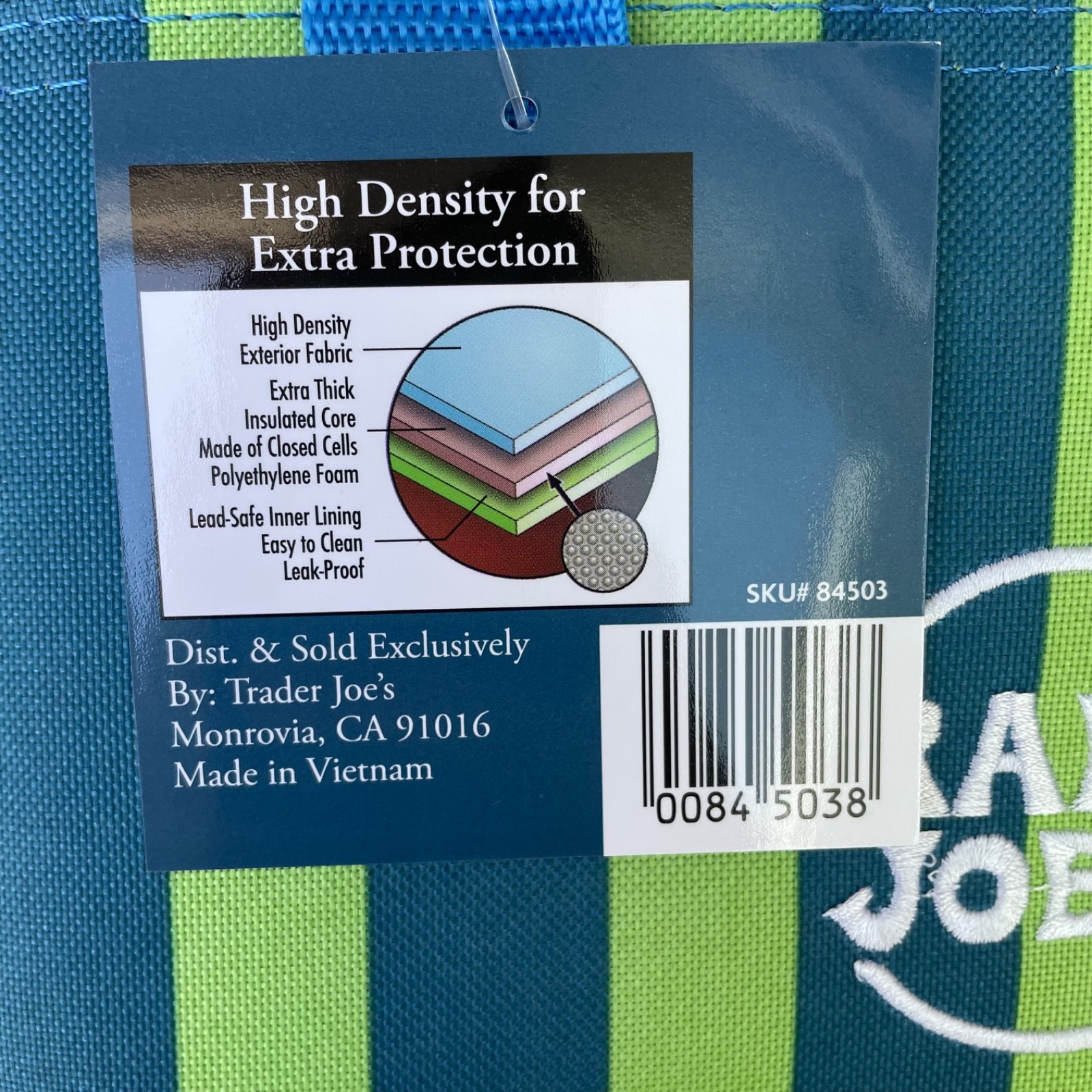 Trader Joes Insulated Mini Striped Tote Bag Blue Green Lunch Cooler Foldable NWT