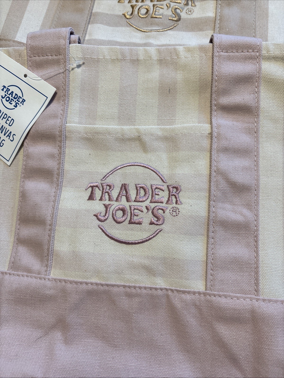 TRADER JOE’S MINI PASTEL STRIPE CANVAS TOTE BAGS SET Of 4 PINK BLUE GREEN BEIGE