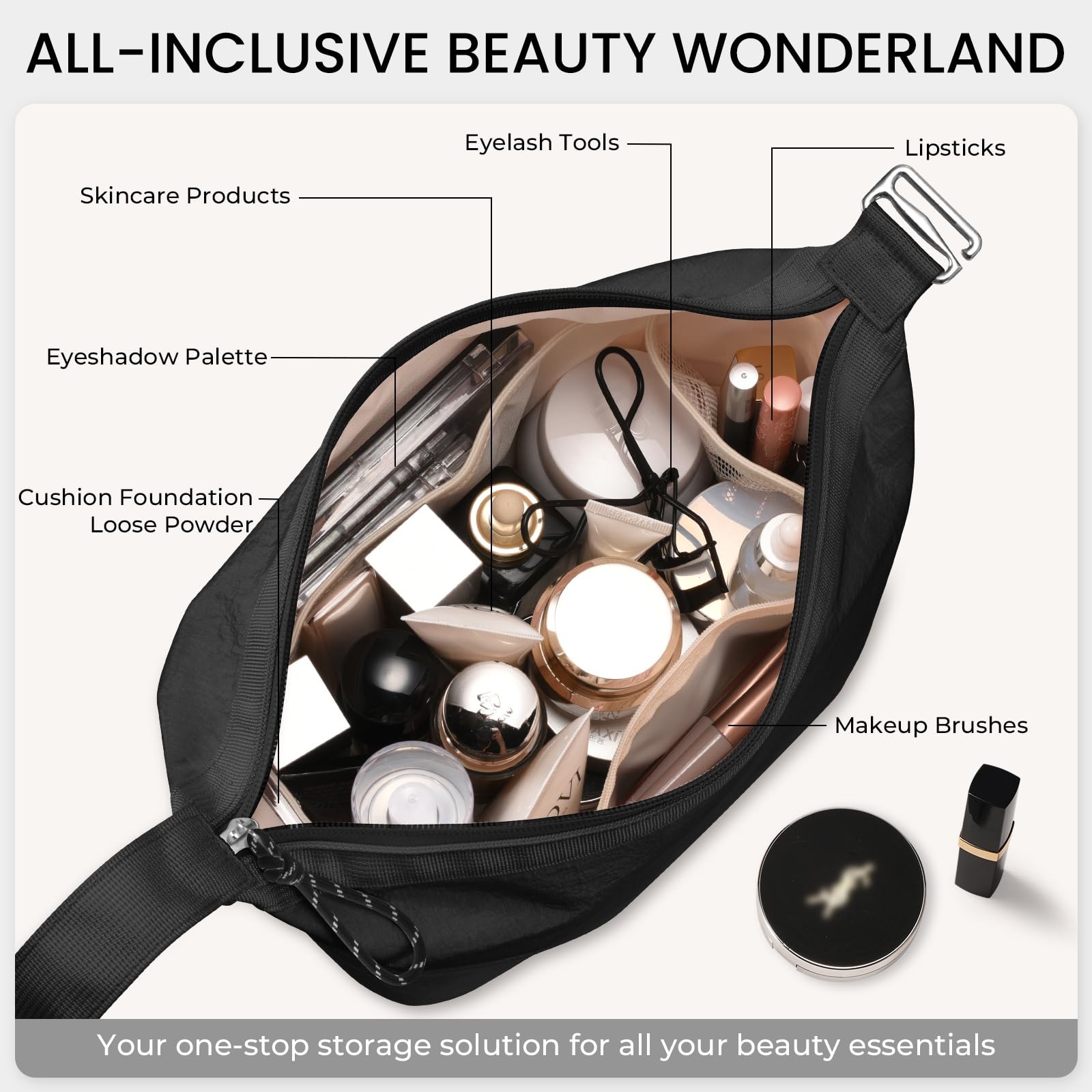 HauteHues Travel Makeup Bag for Women Large Capacity 10×5.9×4.9 inch, Black