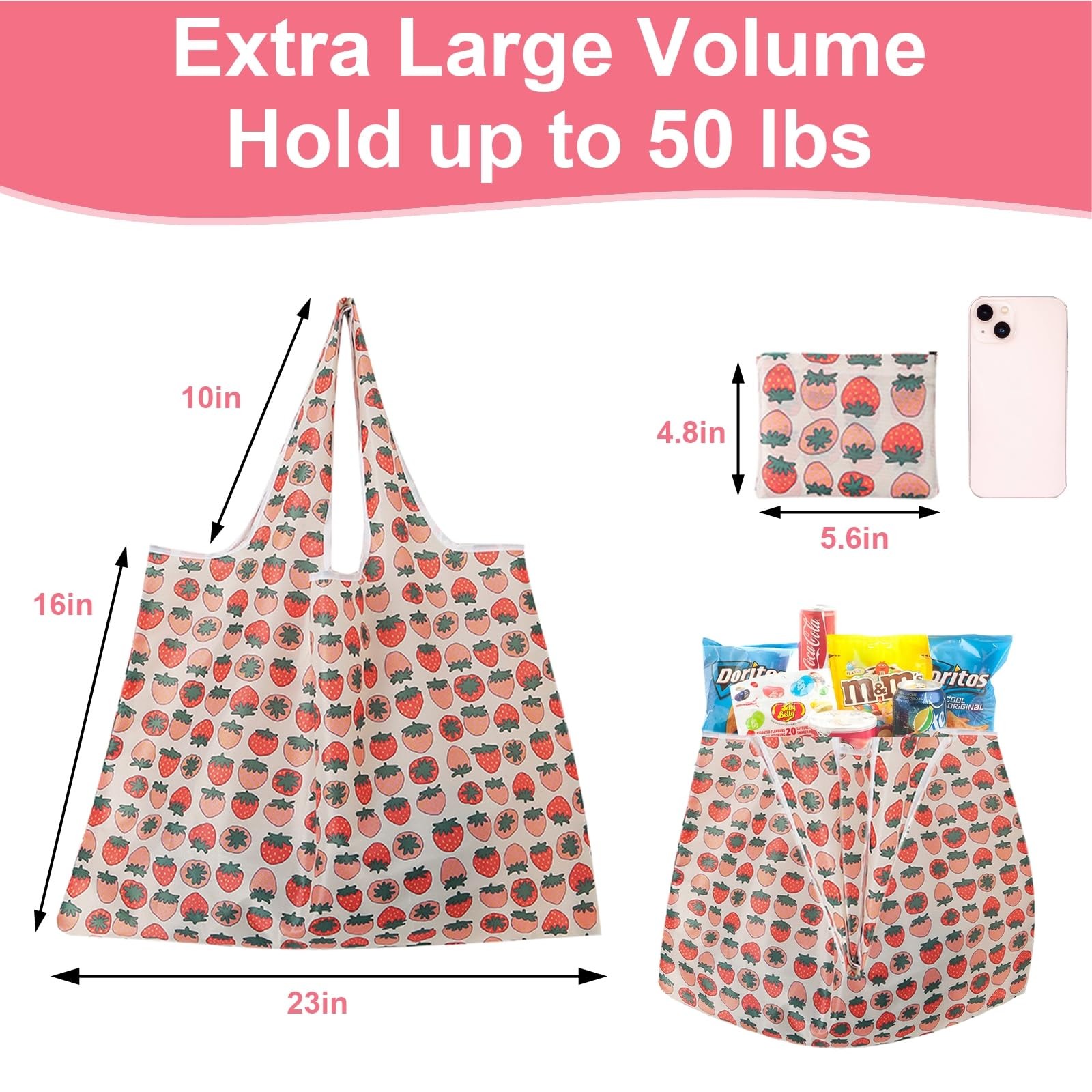 ZooviHyvi Extra Large 50lbs Foldable Reusable Shopping Bags X-Large, Pink