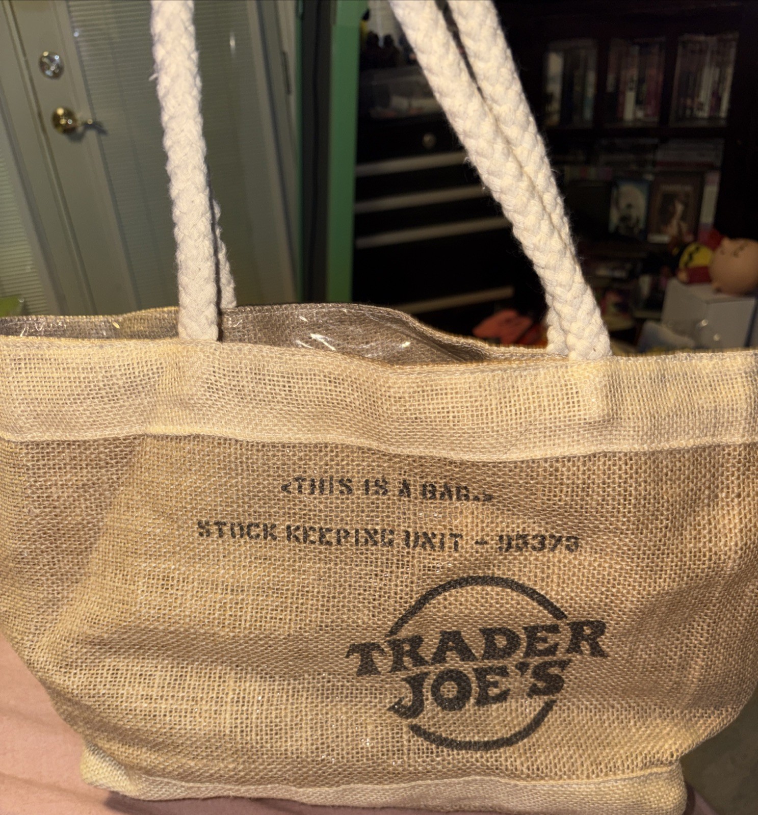 Trader Joe’s Stock Keeping Unit -95375 Jute Plastic Coated Lining Tote Bag