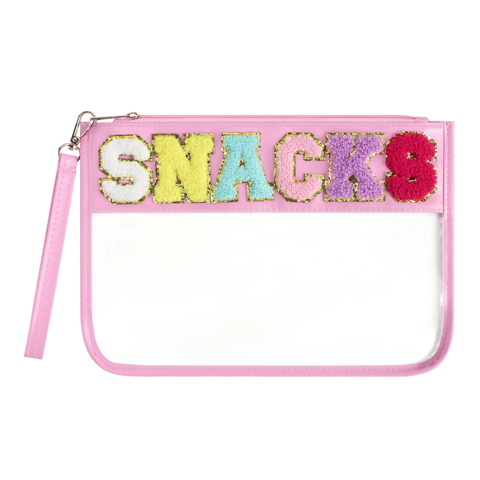Narsikar Clear Snack Bag for Travel, Chenille Letter Zipper Snacks Pink