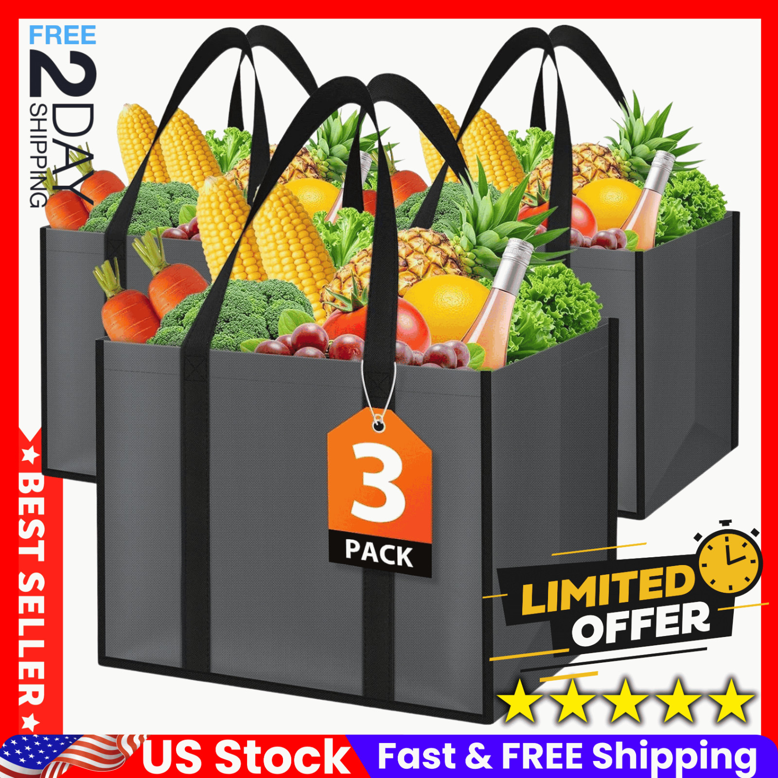 3 Pack Reusable Grocery Bags Heavy Duty Foldable Canvas Tote Large Shopping Bags