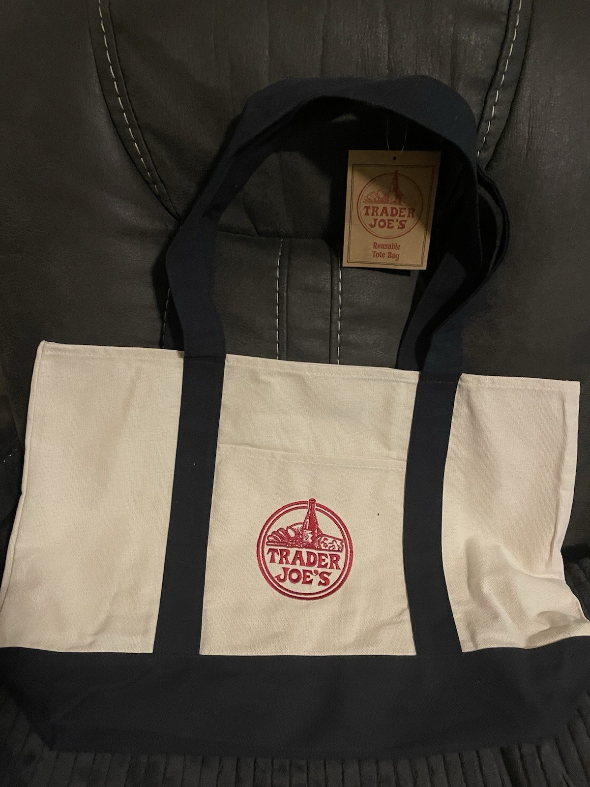 Trader Joe’s Reusable Shopping Bag Canvas Foldable Beige Black Red Solid Tote
