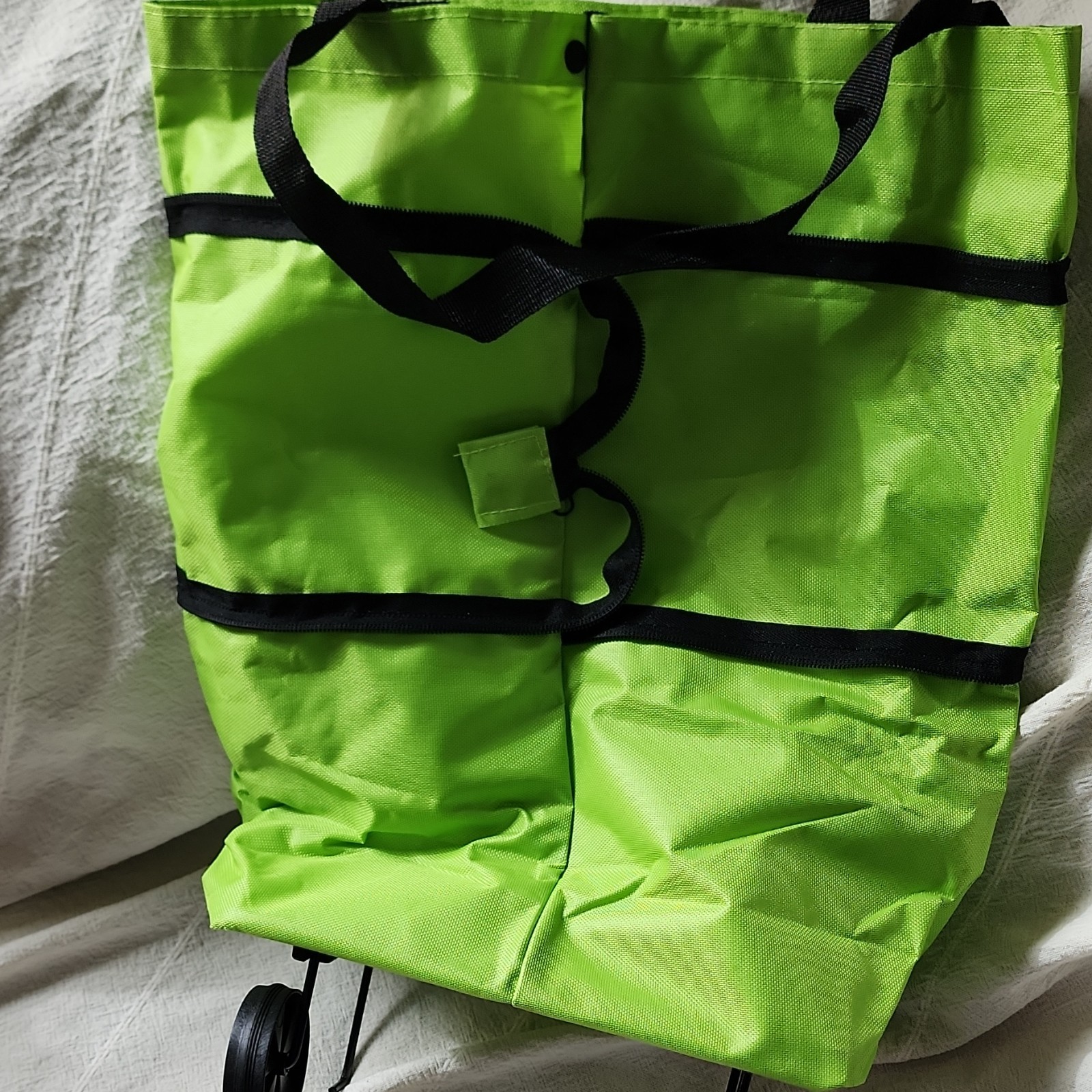 Green Foldable Reusable Shopping Bag with Wheels, Handles, Polyester, Modern