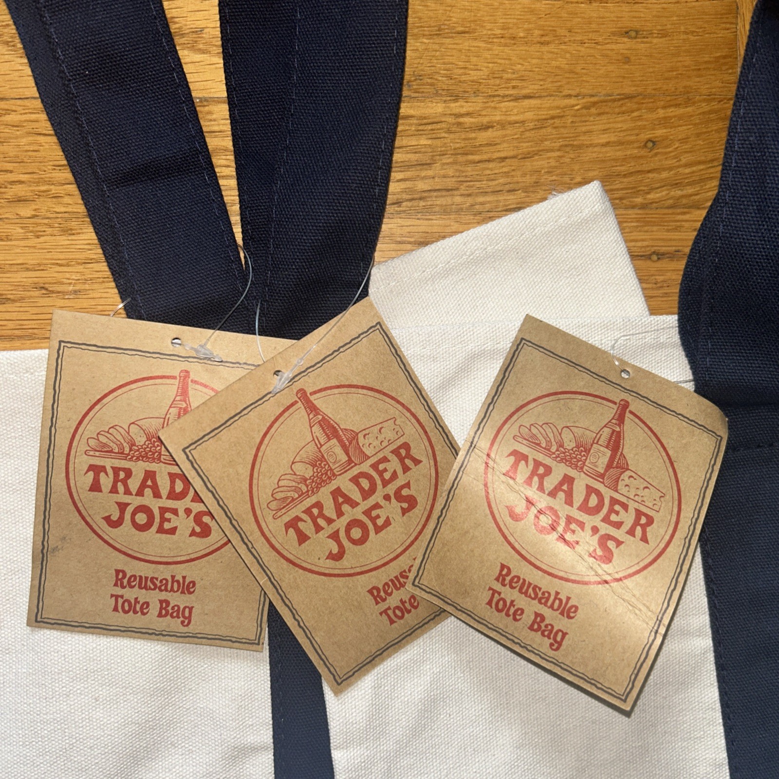 Trader Joe’s Canvas Reusable Essential Bag Tote Large Navy Blue Set Of 3 New