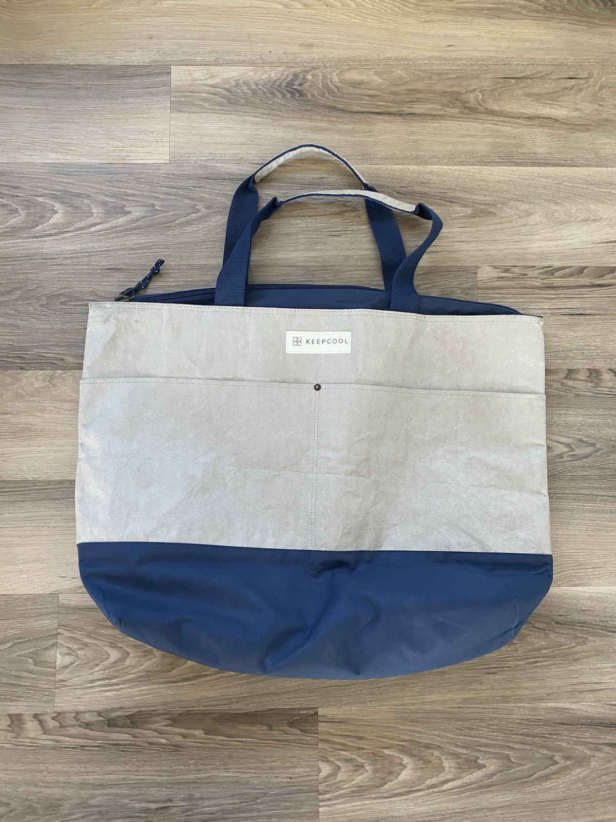 KeepCool Insulated Cooler Tote Bag Large Tan Blue Zip Top Reusable Grocery