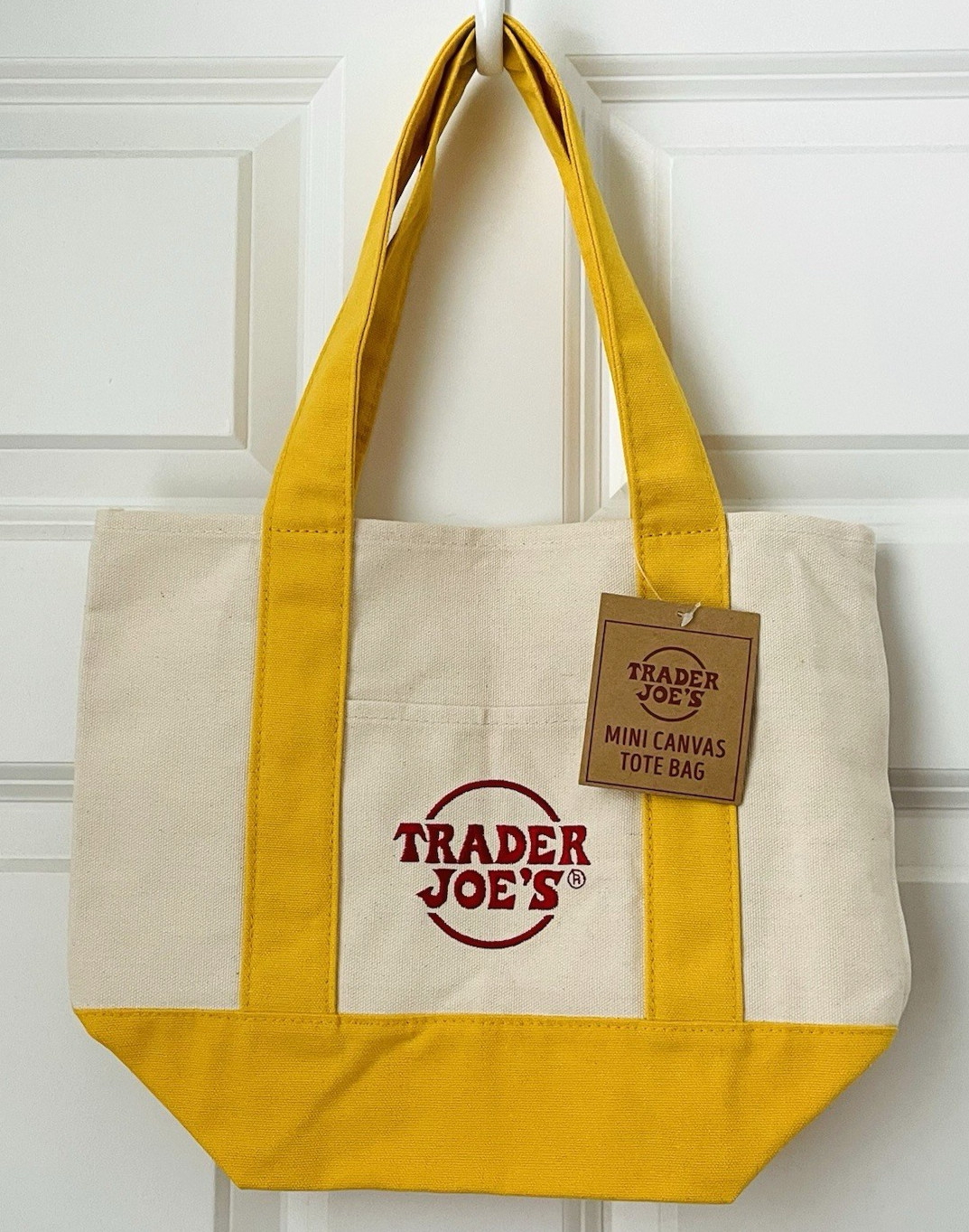 NWT Trader Joe’s YELLOW Mini Canvas Tote Lunch Bag YELLOW w/STICKERS