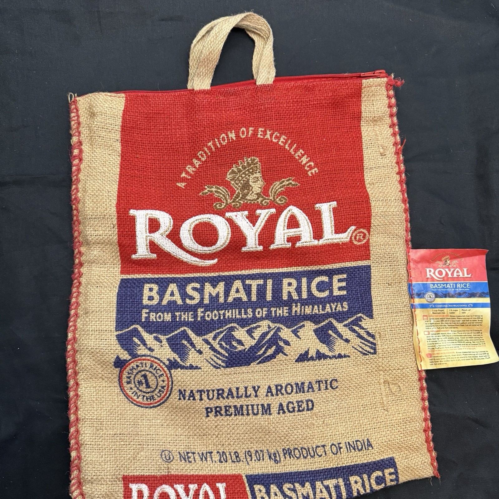 Royal Basmati Rice Jute Burlap Zipper Pouch Tote – Empty, Upcycled, Eco-Reusable