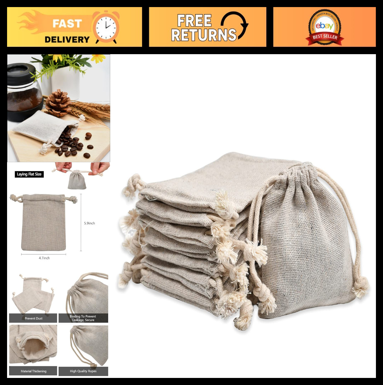 50pcs Double Canvas Drawstring Cotton Pouch Bags – Reusable Muslin Gift Sachets