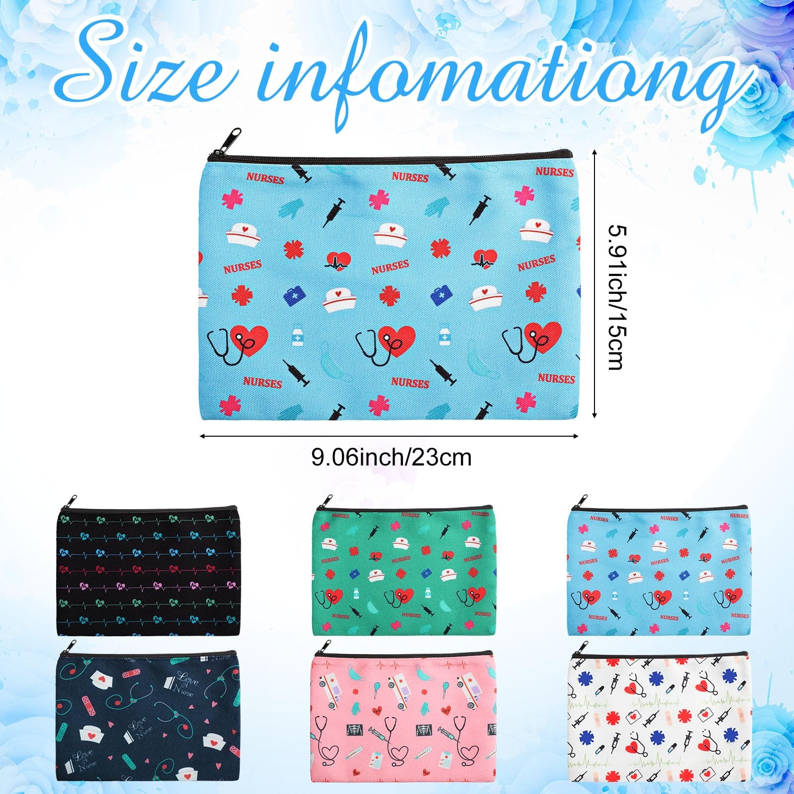 Reginary 6 Pcs Nurse Cosmetic Bag Bulk for 9 x 6 inches, brightly colored