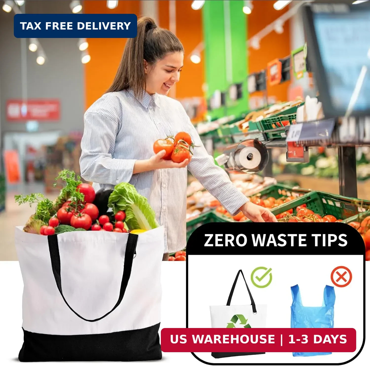 1 Pack Canvas Tote Bag with Zipper, Blank Reusable Grocery Bags, Widened Washabl