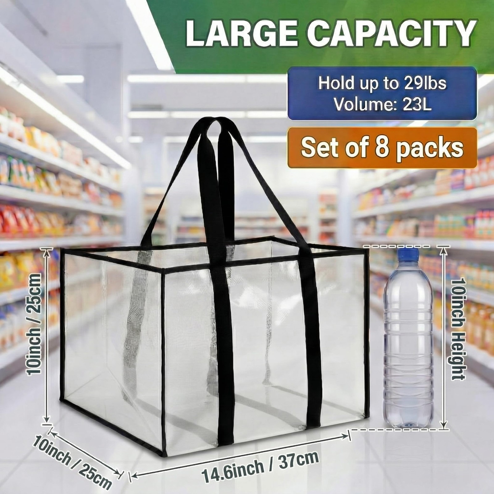 8 PCS Reusable Heavy Duty Grocery Shopping Bags Foldable 14.6x10x10 Inch