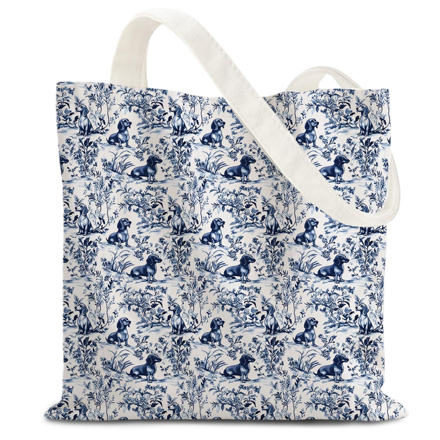 Blue and White Chinoiserie Dachshund Tote Bag for Women, Dachshund Lovers Gif…
