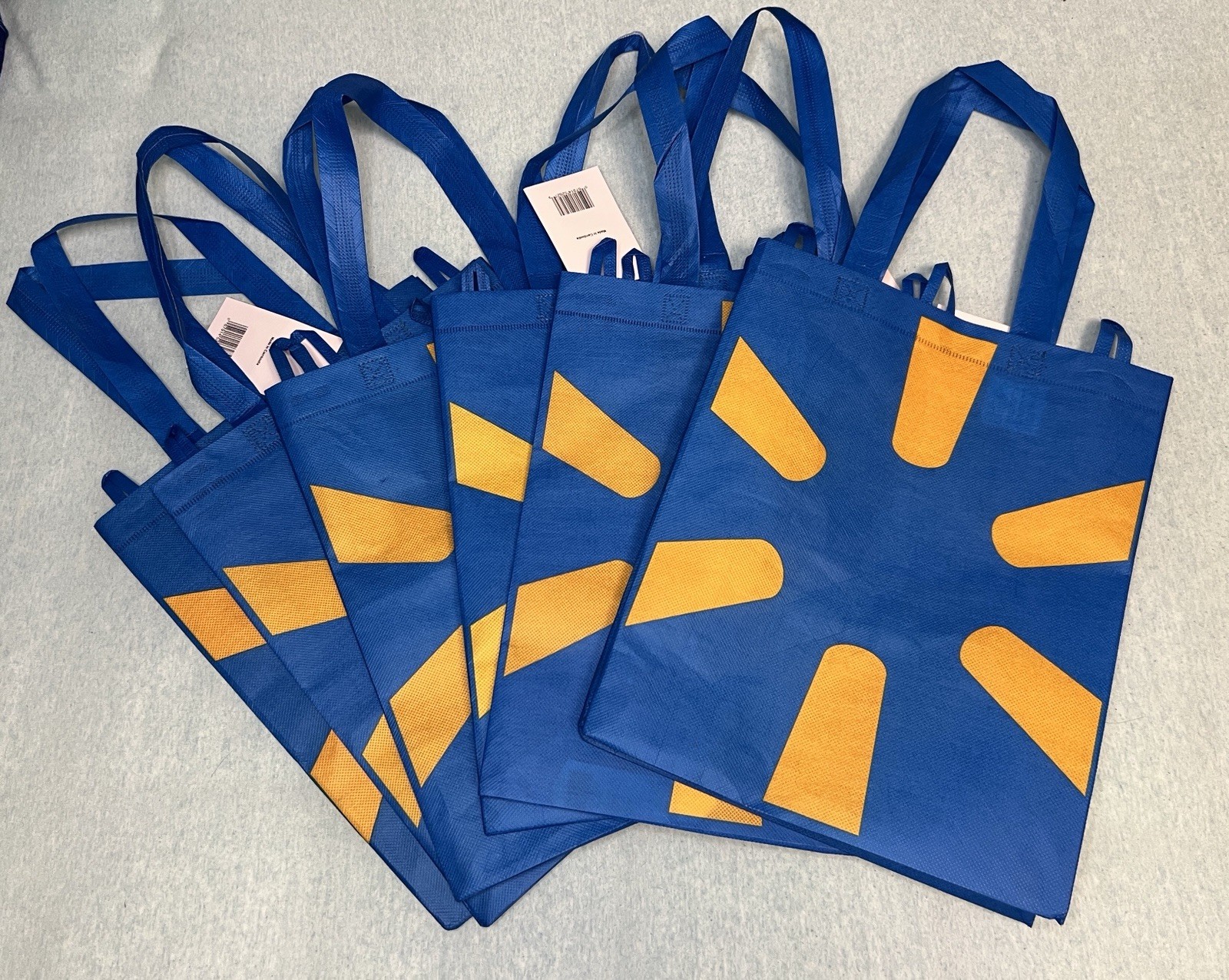 Set of 6 Reusable Walmart Tote Shopping Bags Blue w/ Yellow Logo 11.5”x14” NEW