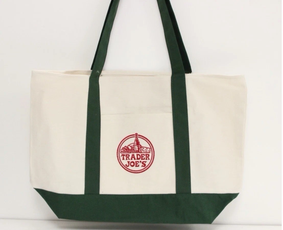 Trader Joe’s Reusable Tote Bag Green & White 13 in long x 11 in tall x 6 in wide