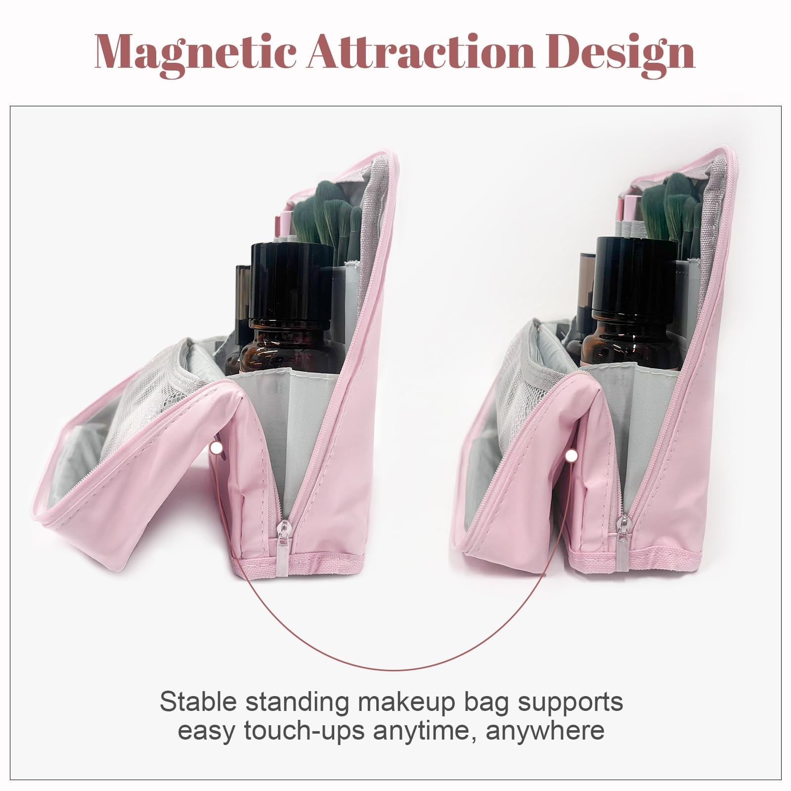seektik Standing Makeup Bag, Stand Up Bag with Multiple Pink