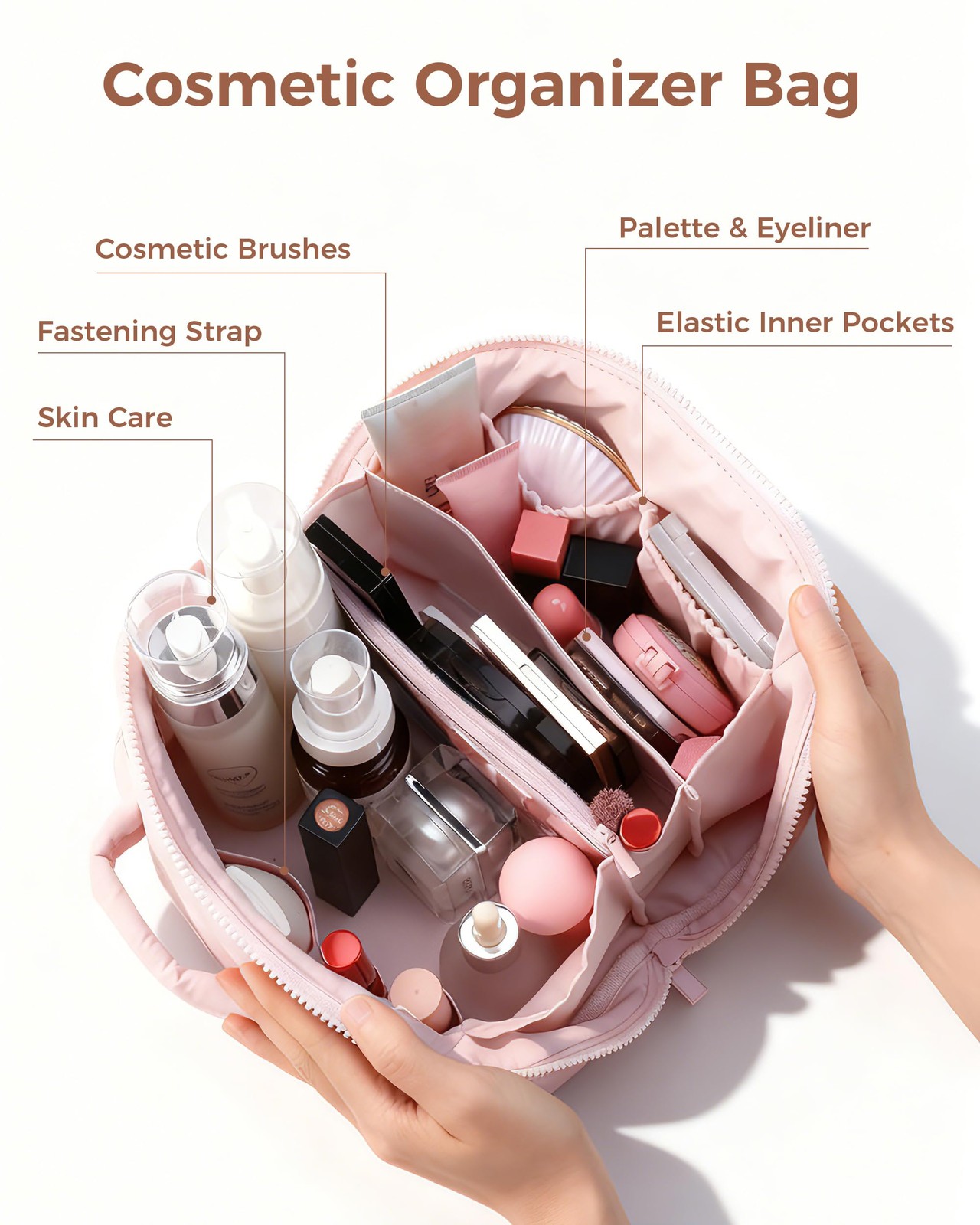 Travel Makeup Bag for Women, 2Pcs Large Capacity 180 Lay-Flat Toiletry Pink